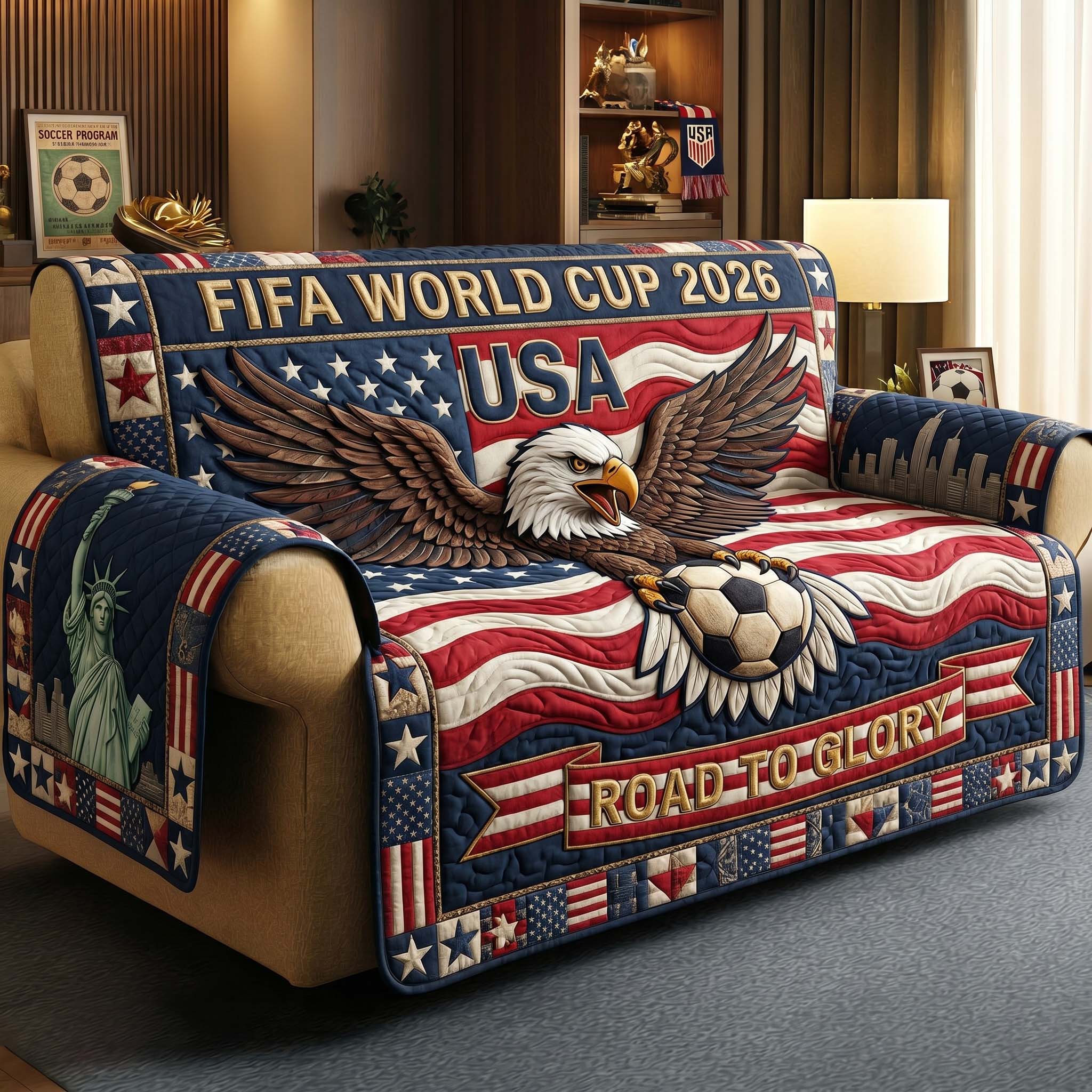 Freedom Kick USA Quilted Sofa Cover Patriotic Home Couch Cover Great Home Decor Finds - Tradiviet