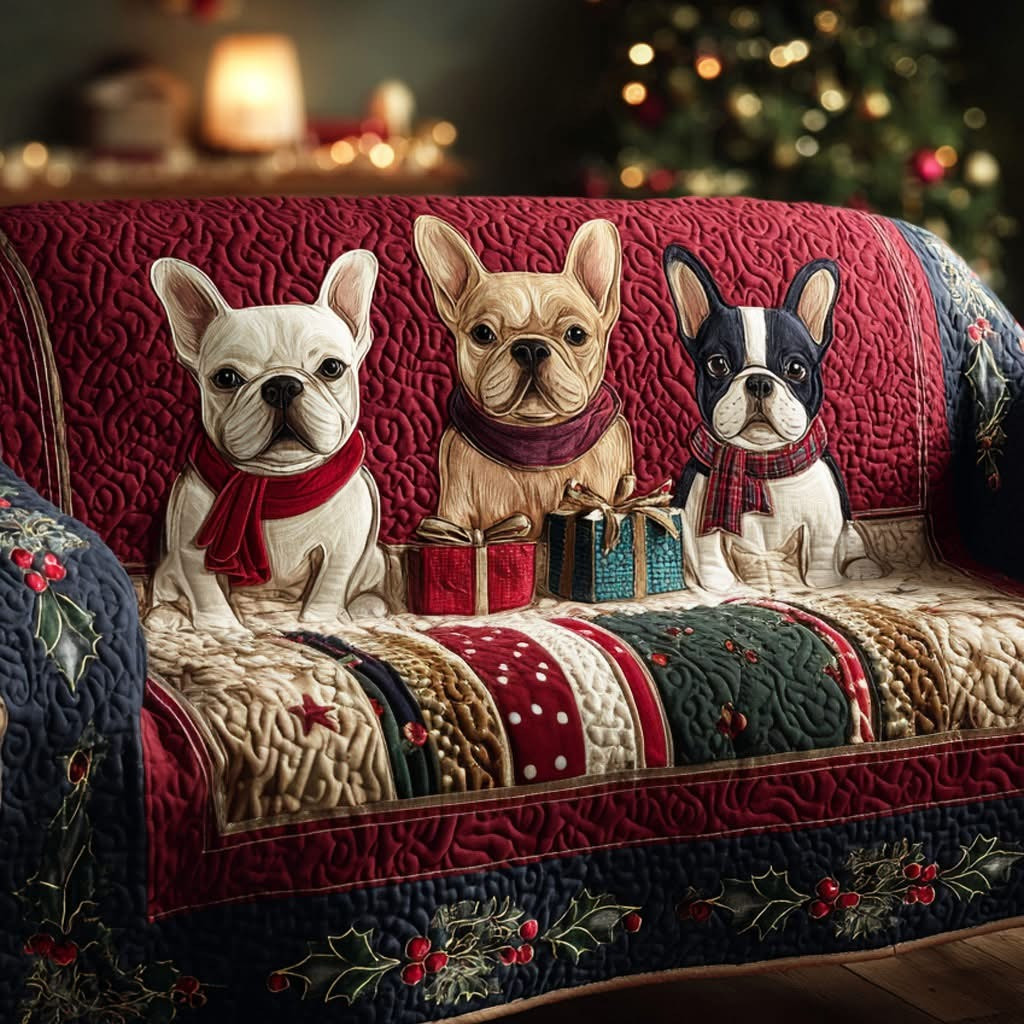 French Bulldogs Quilted Sofa Cover Christmas Couch Decor Gifts For French Bulldog Owners - Tradiviet