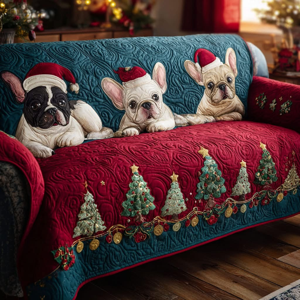French Bulldogs Winter Quilted Sofa Cover Christmas Couch Covers Gifts For Frenchie Lovers - Tradiviet