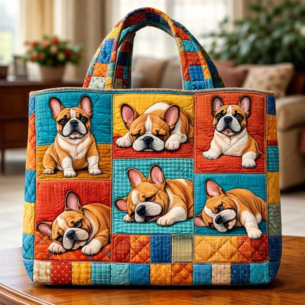 Frenchie Bulldog Quilted Tote Bag Cute Dog Patchwork Tote Bag Gifts For Bulldog Lovers - Tradiviet