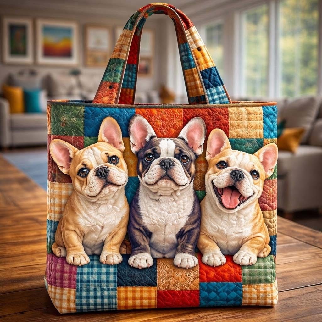 Frenchie Bulldog Quilted Tote Bag Lovely Animal Patchwork Tote Bag Gifts For Bulldog Lovers - Tradiviet