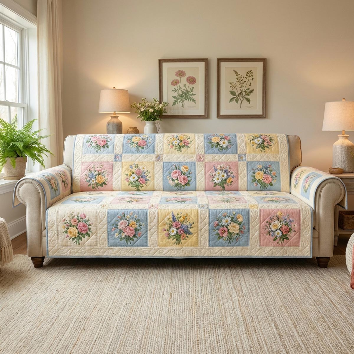 Fresh Blossoms Quilted Sofa Cover Neutral Home Room Decor Unique Home Decor Finds - Tradiviet