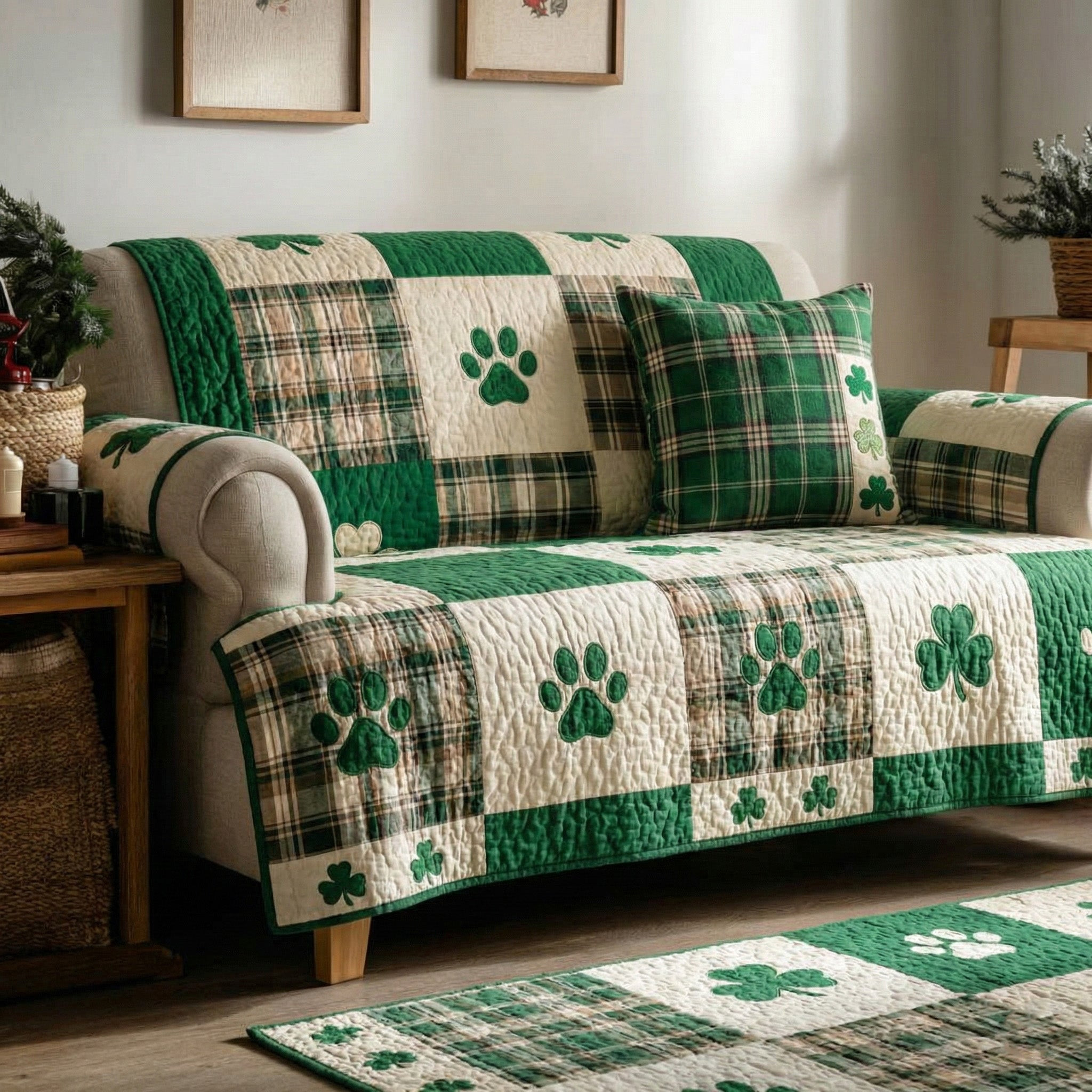 Fresh Spring Checks Quilted Sofa Cover Furniture Slipcovers For Sofas Dog Gifts For Dog Lovers - Tradiviet
