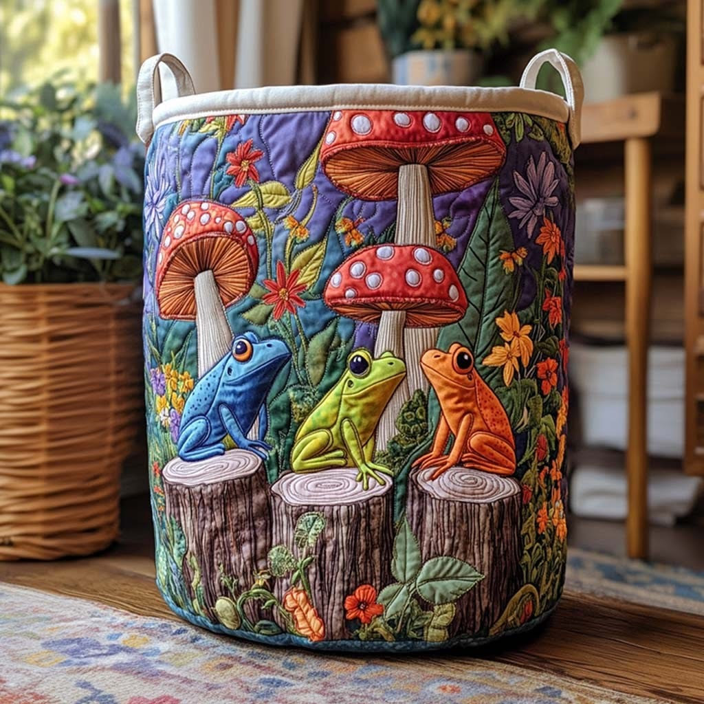 Frog And Mushroom Quilted Laundry Basket Whimsical Nature Laundry Hamper Cute Frog Gifts - Tradiviet
