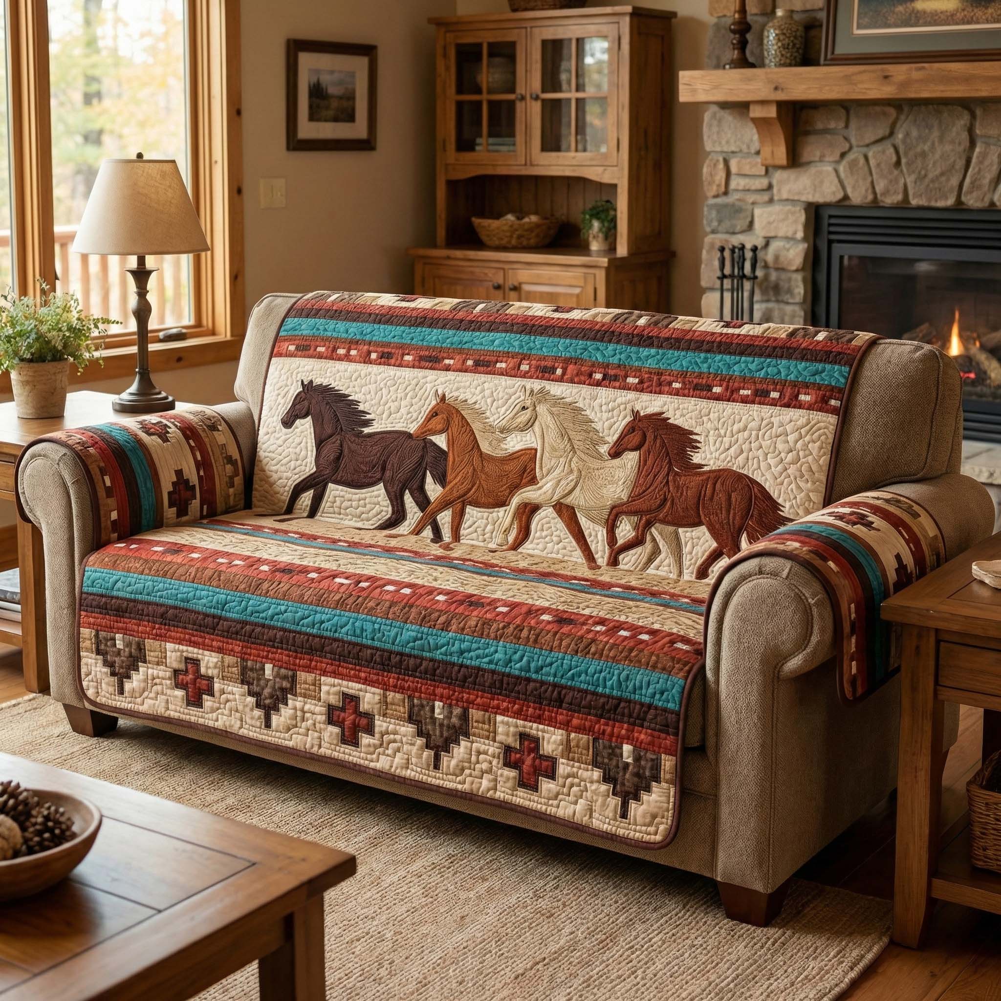 Frontier Horses Quilted Sofa Cover Western Home Couch Cover Cute Room Decor Finds - Tradiviet