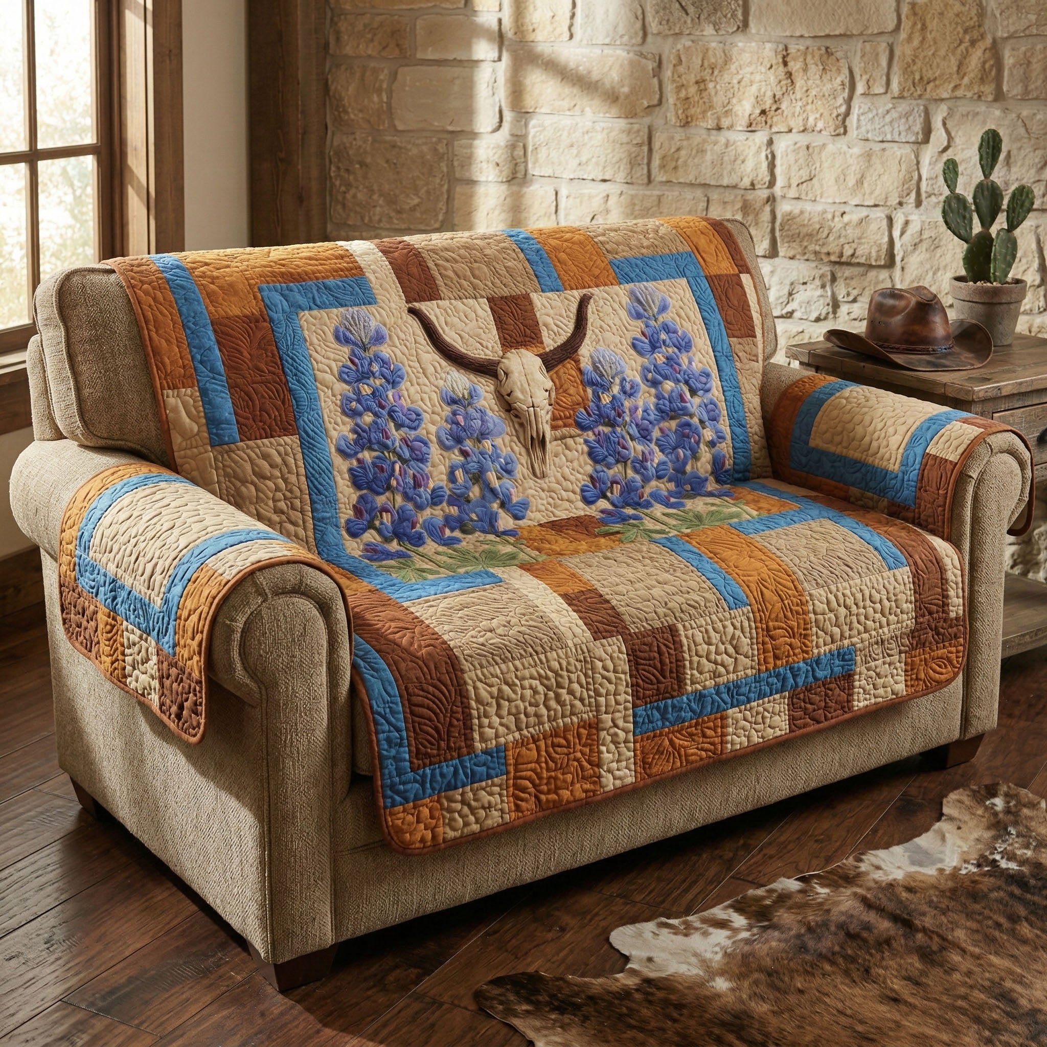 Frontier Longhorn Quilted Sofa Cover Holiday Room Decor Home Decor Gift Ideas - Tradiviet