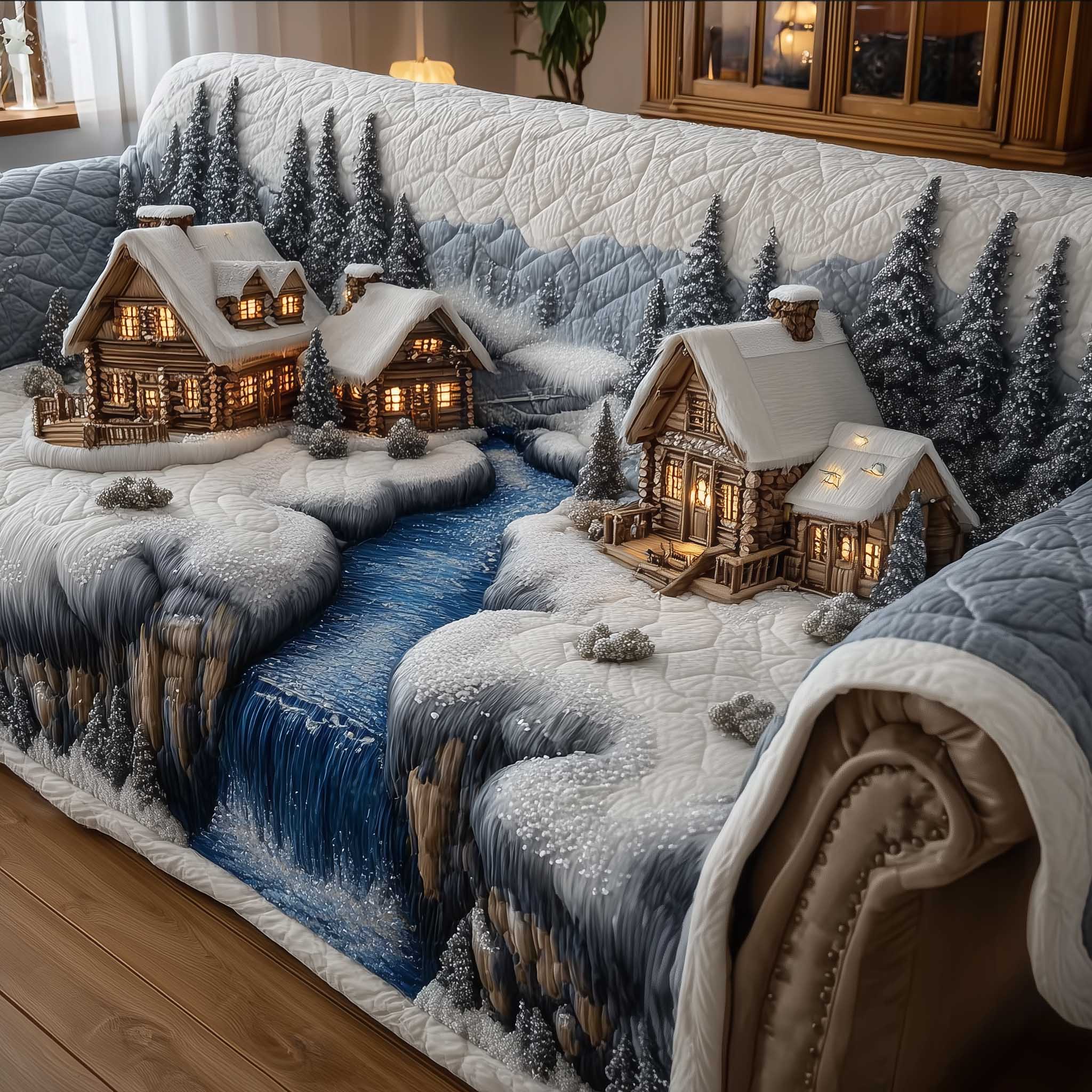 Frosted Townscape Quilted Sofa Cover Winter Home Couch Cover Interior Design Gift Ideas - Tradiviet