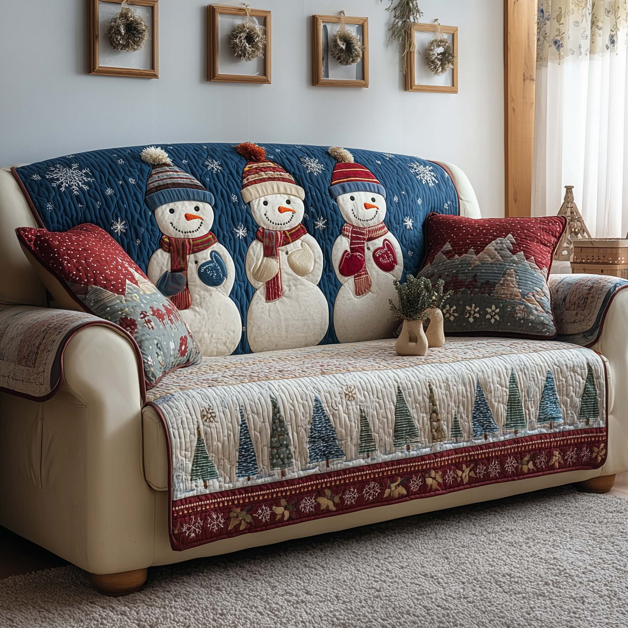 Frosty Friends Quilted Sofa Cover Christmas Home Couch Cover Home Gift For Her - Tradiviet