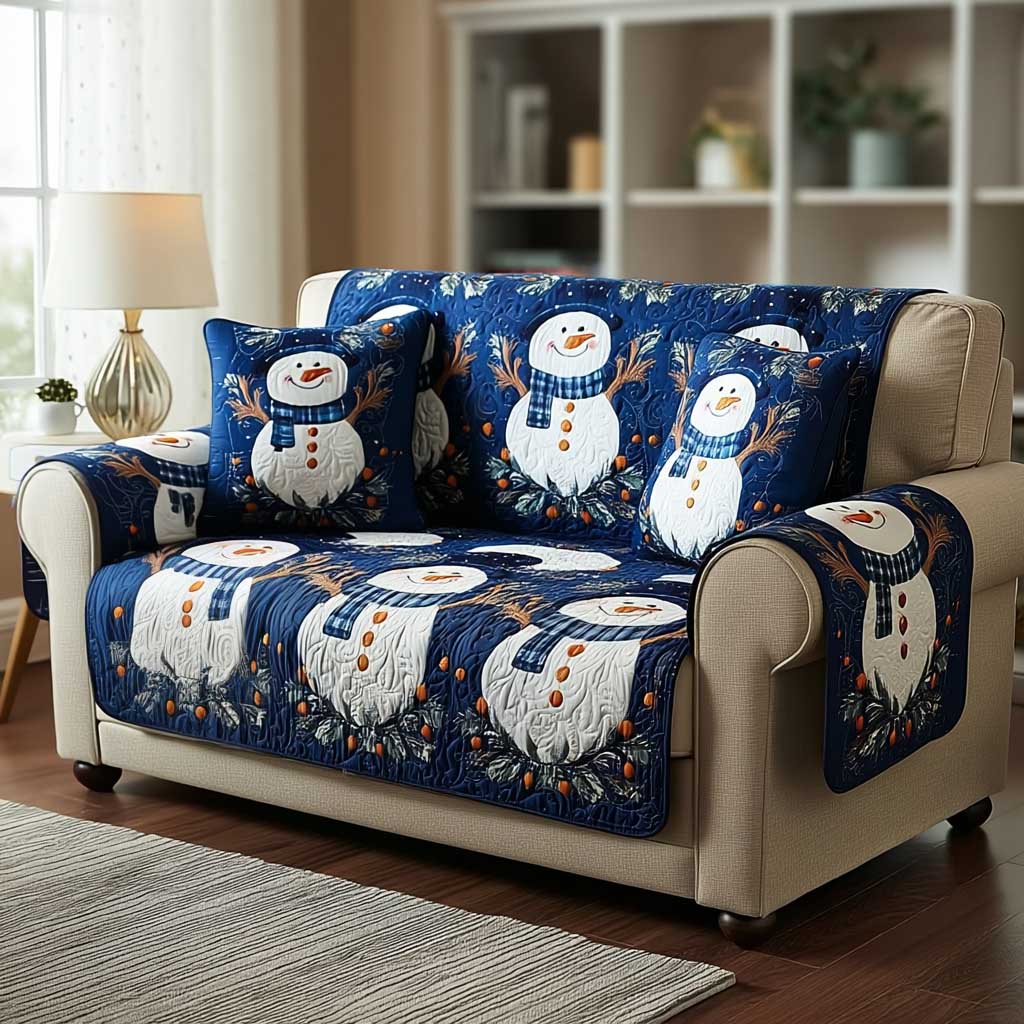 Frosty Night Snowman Quilted Sofa Cover Natural Home Room Decor Gifts For Living Rooms - Tradiviet