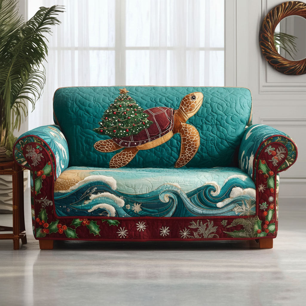 Frosty Turtle Waves Quilted Sofa Cover Christmas Couch Cover Gifts That Help Sea Turtles - Tradiviet