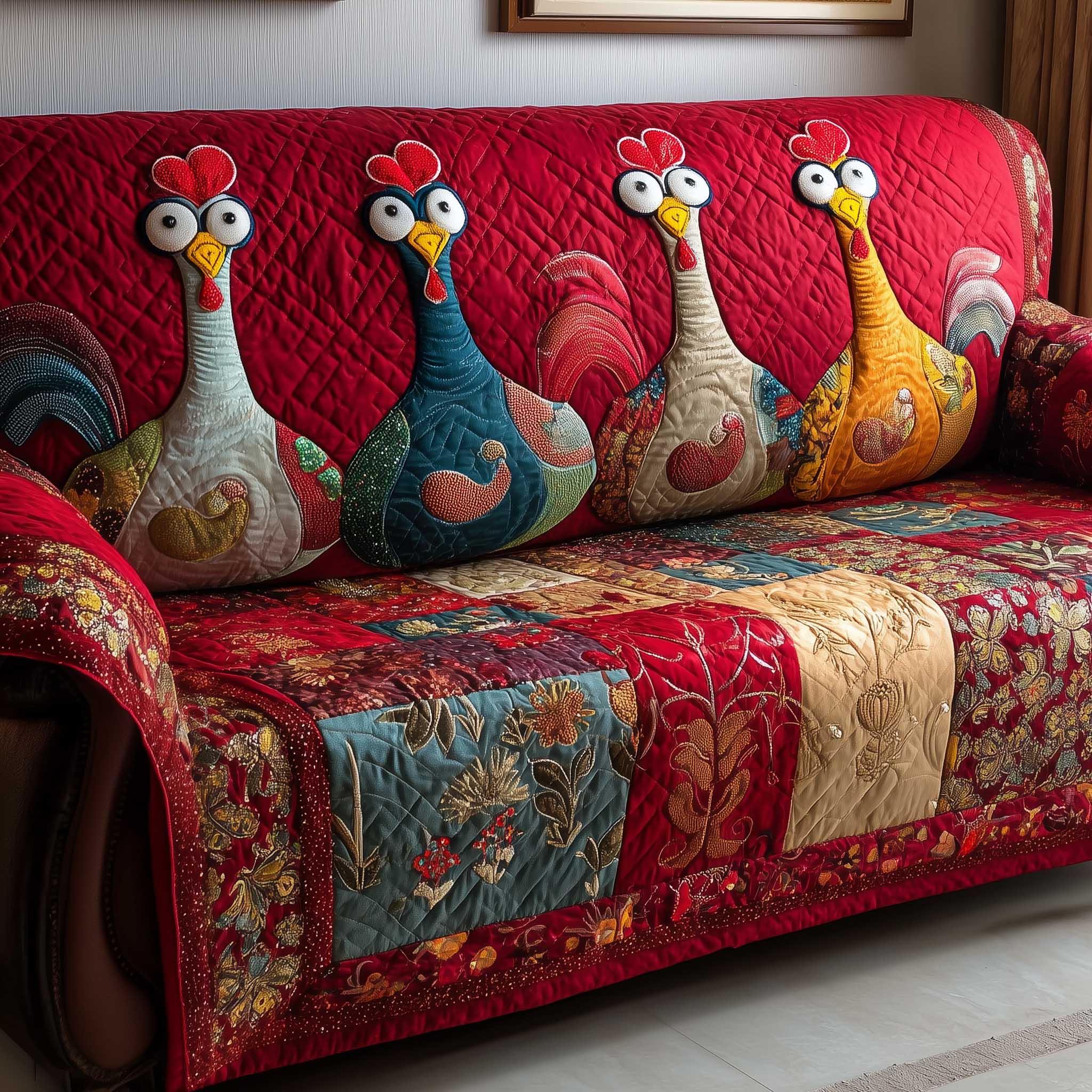 Funky Chicken Quilted Sofa Cover Farmhouse Home Couch Cover Present For House Lovers - Tradiviet