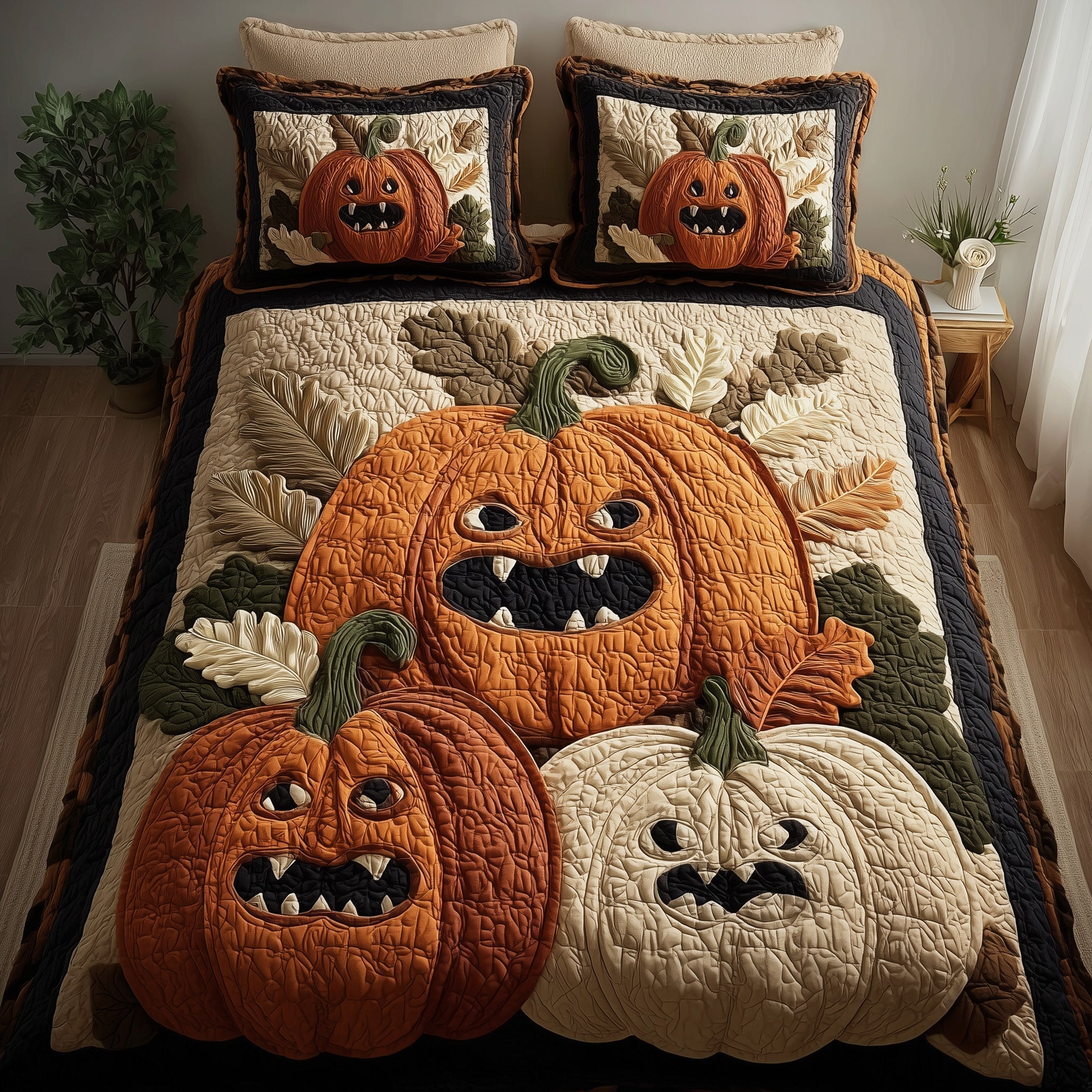 Funky Pumpkin Quilted Bedding Set Funky Pumpkin Textile Gift For Funky Pumpkin - Tradiviet