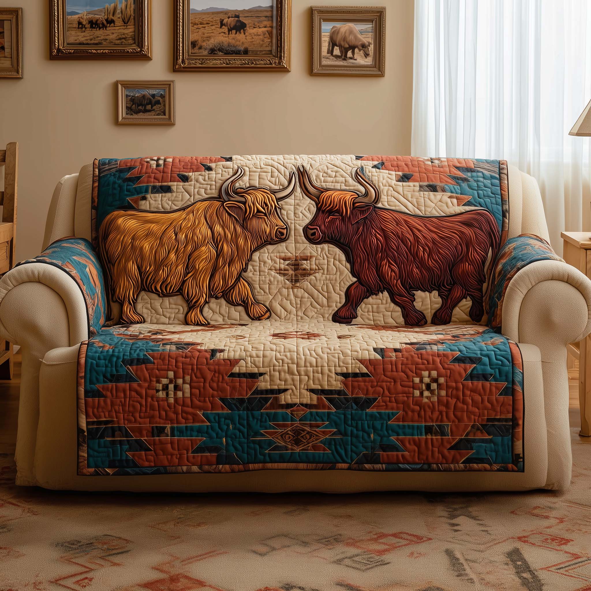 Fuzzy Highland Quilted Sofa Cover Rustic Home Couch Cover Home Gift For Her - Tradiviet