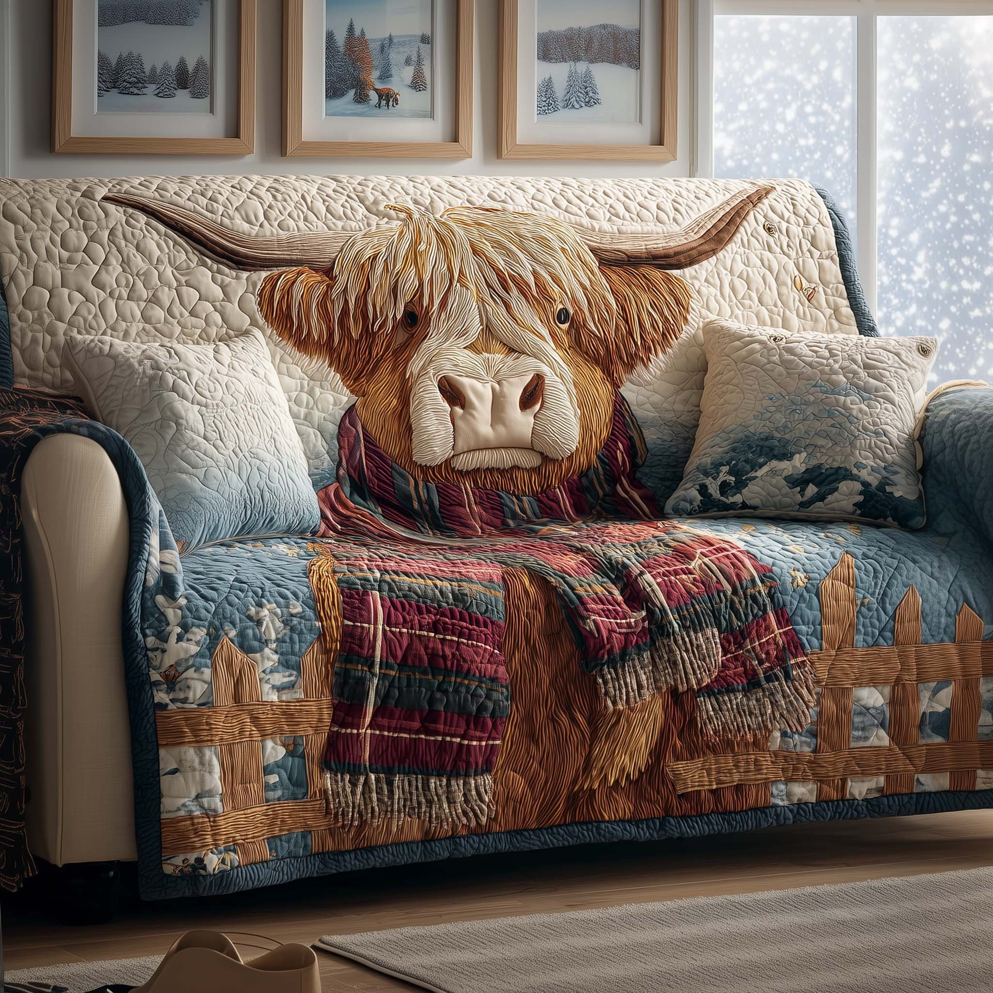 Fuzzy Highland Quilted Sofa Cover Rustic Home Couch Cover Home Gifts For Him - Tradiviet