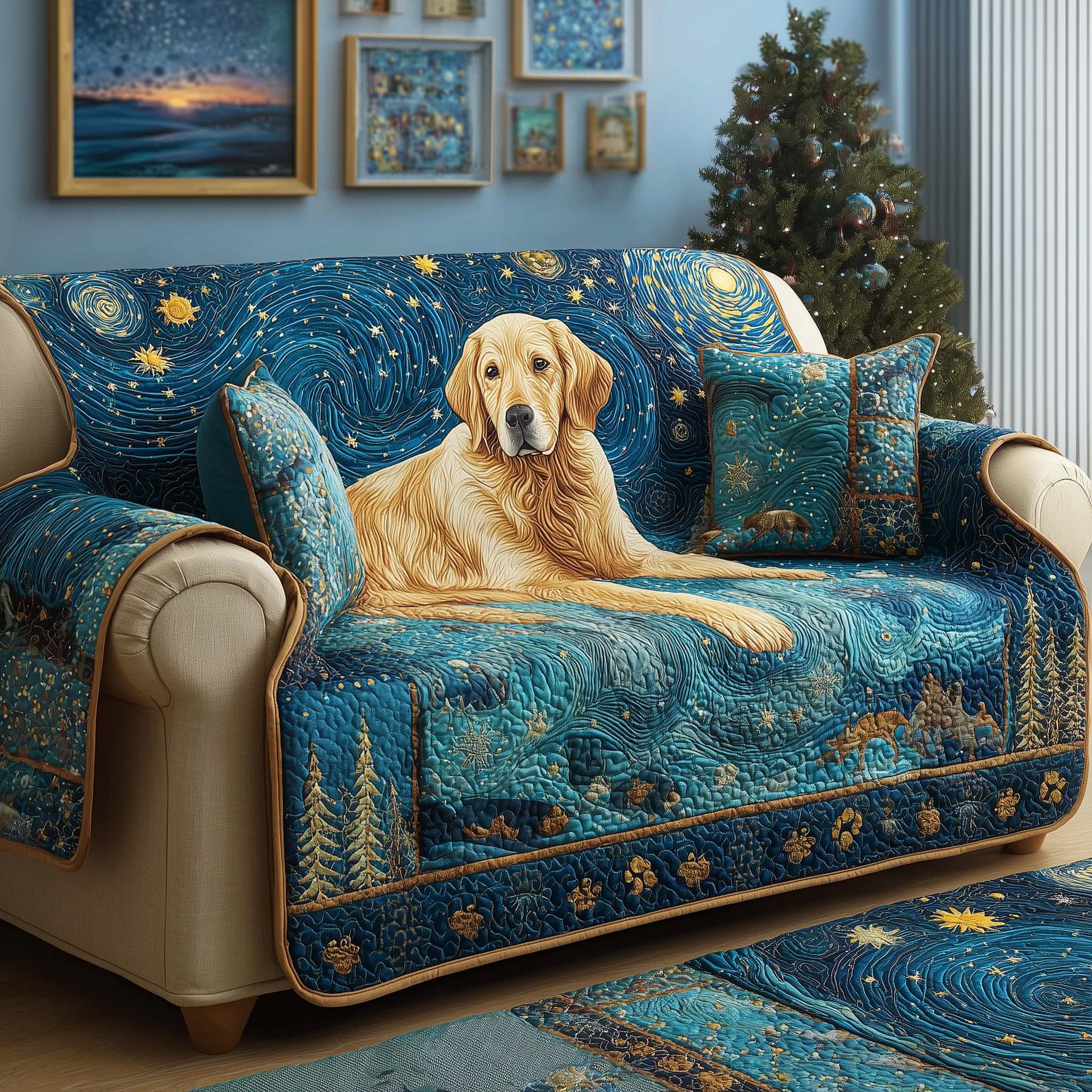 Galaxy Golden Quilted Sofa Cover Celestial Home Couch Cover Unique Home Decor Finds - Tradiviet
