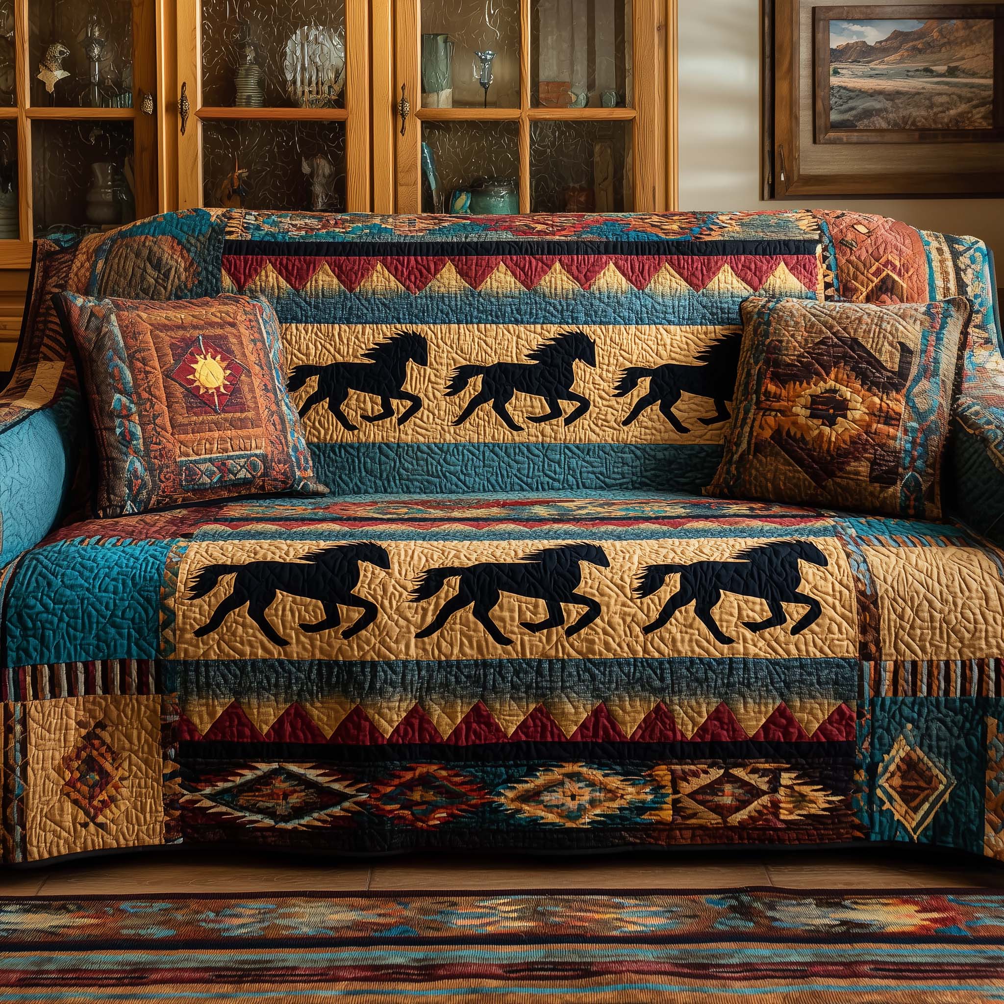 Galloping Horse Quilted Sofa Cover Western Home Couch Cover Cute Room Decor Finds - Tradiviet