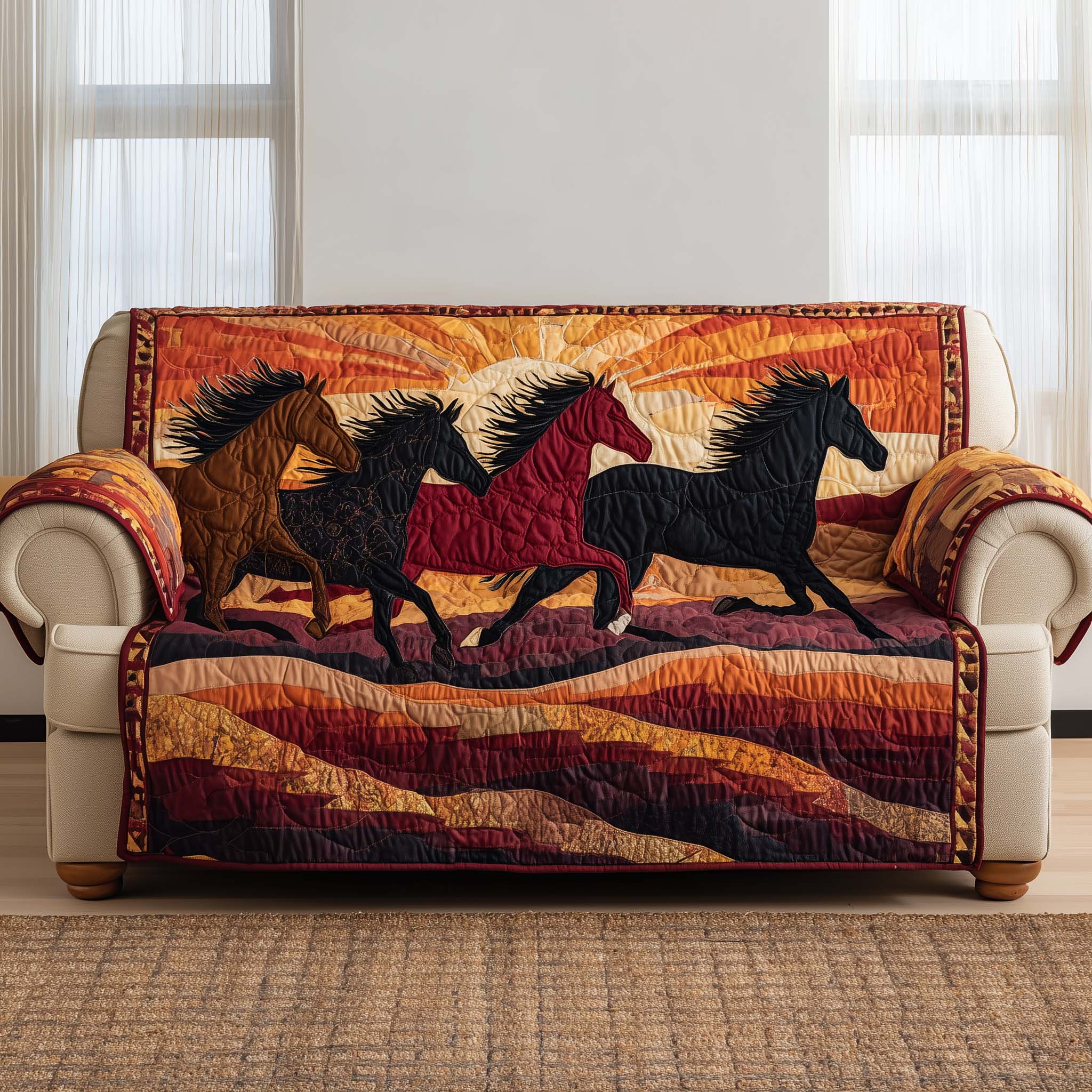 Galloping Horse Quilted Sofa Cover Western Home Couch Cover Home Gift For Her - Tradiviet