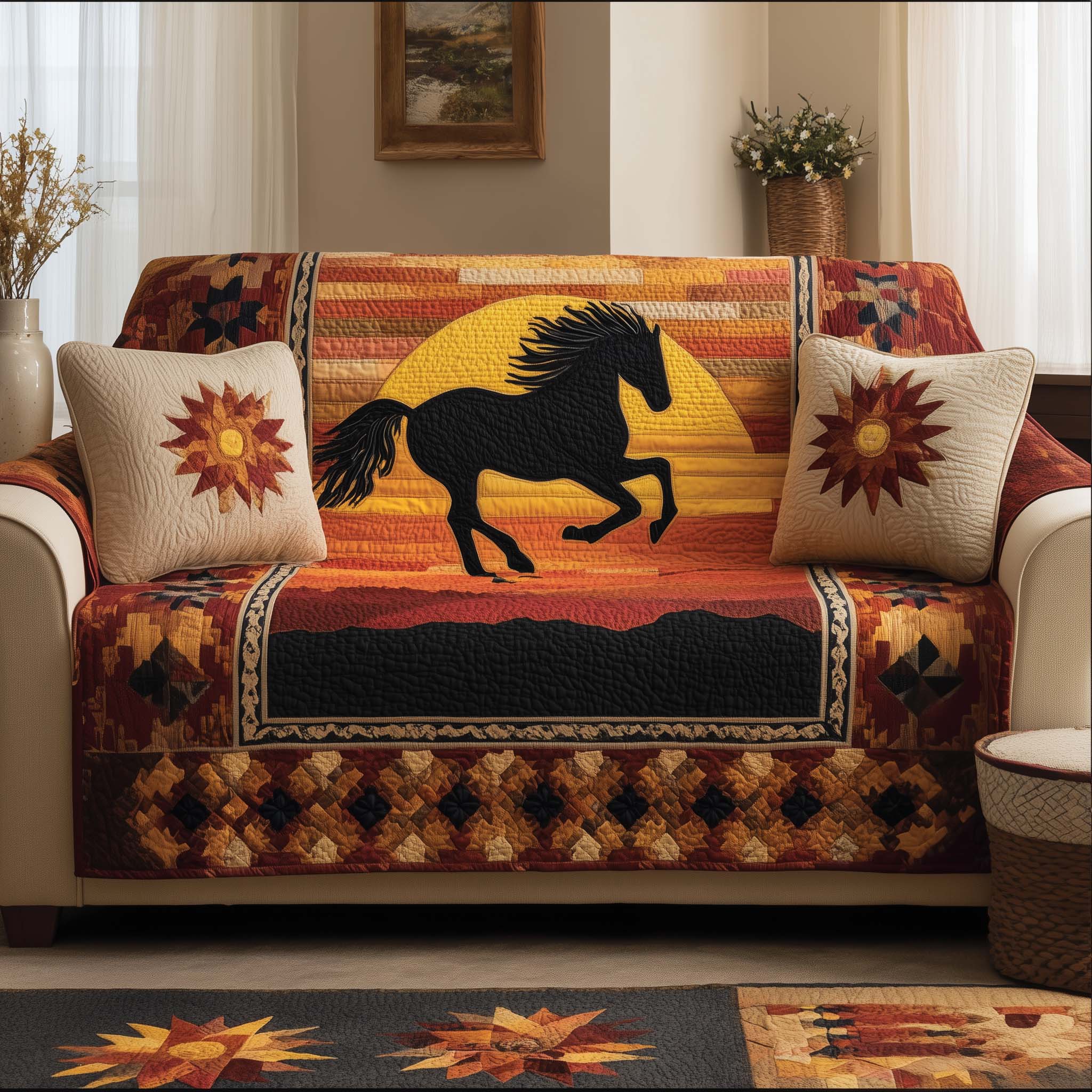 Galloping Horse Quilted Sofa Cover Western Home Couch Cover Home Gifts For Her - Tradiviet