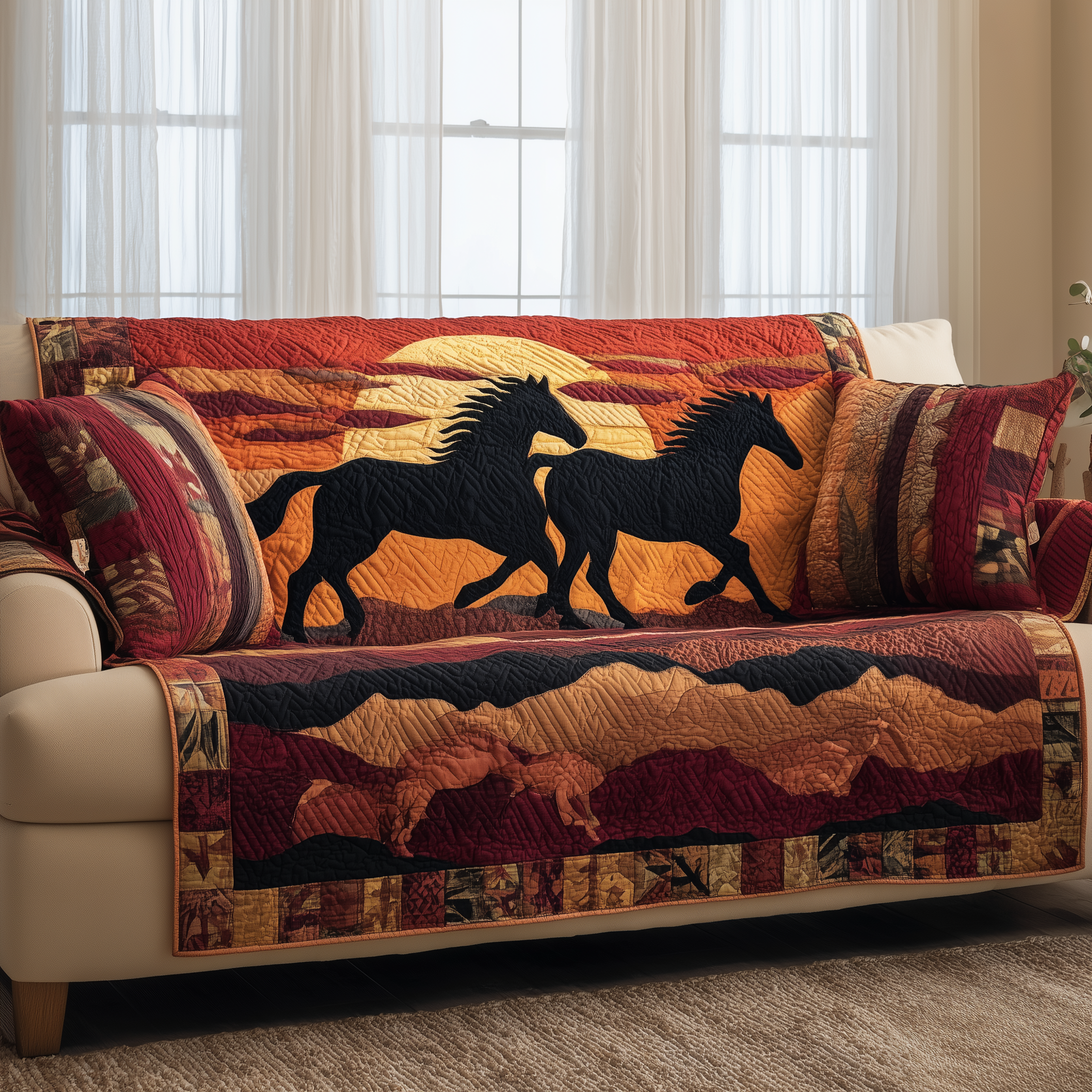 Galloping Horse Quilted Sofa Cover Western Home Couch Cover Unique Home Decor Finds - Tradiviet
