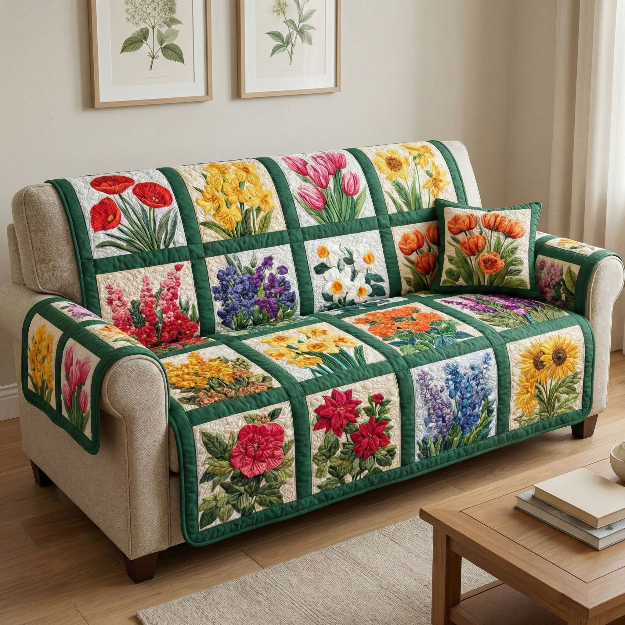 Garden Bloom Quilted Sofa Cover Couch Protector Mother's In Law Gifts Mom's Day - Tradiviet
