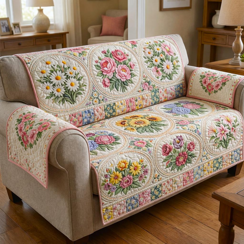 Garden Floral Quilted Sofa Cover Floral Home Couch Cover Great Housewarming Gift Ideas - Tradiviet