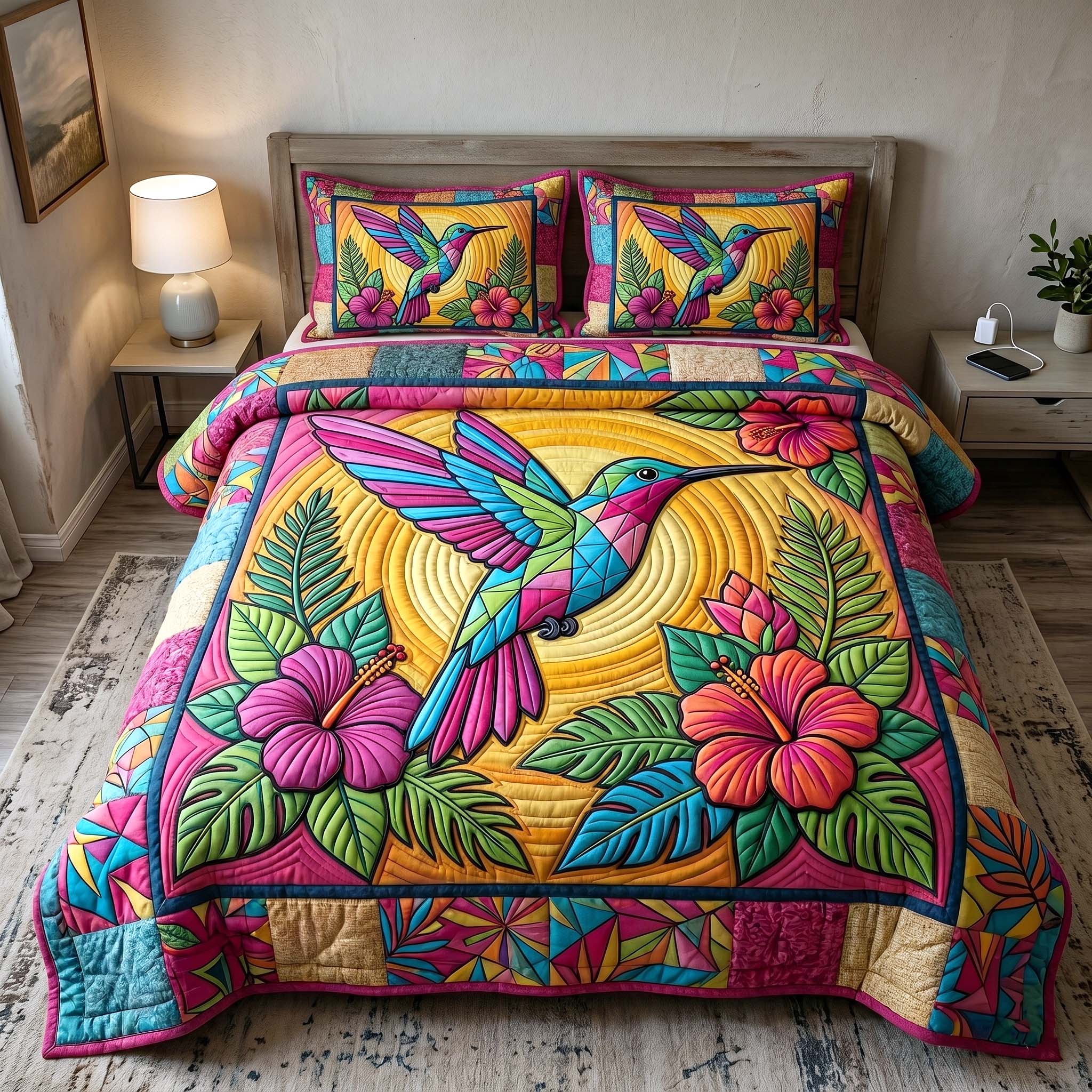 Garden Hummer Quilted Bedding Set Garden Hummer Cozy Gift For Hummer Friends - Tradiviet