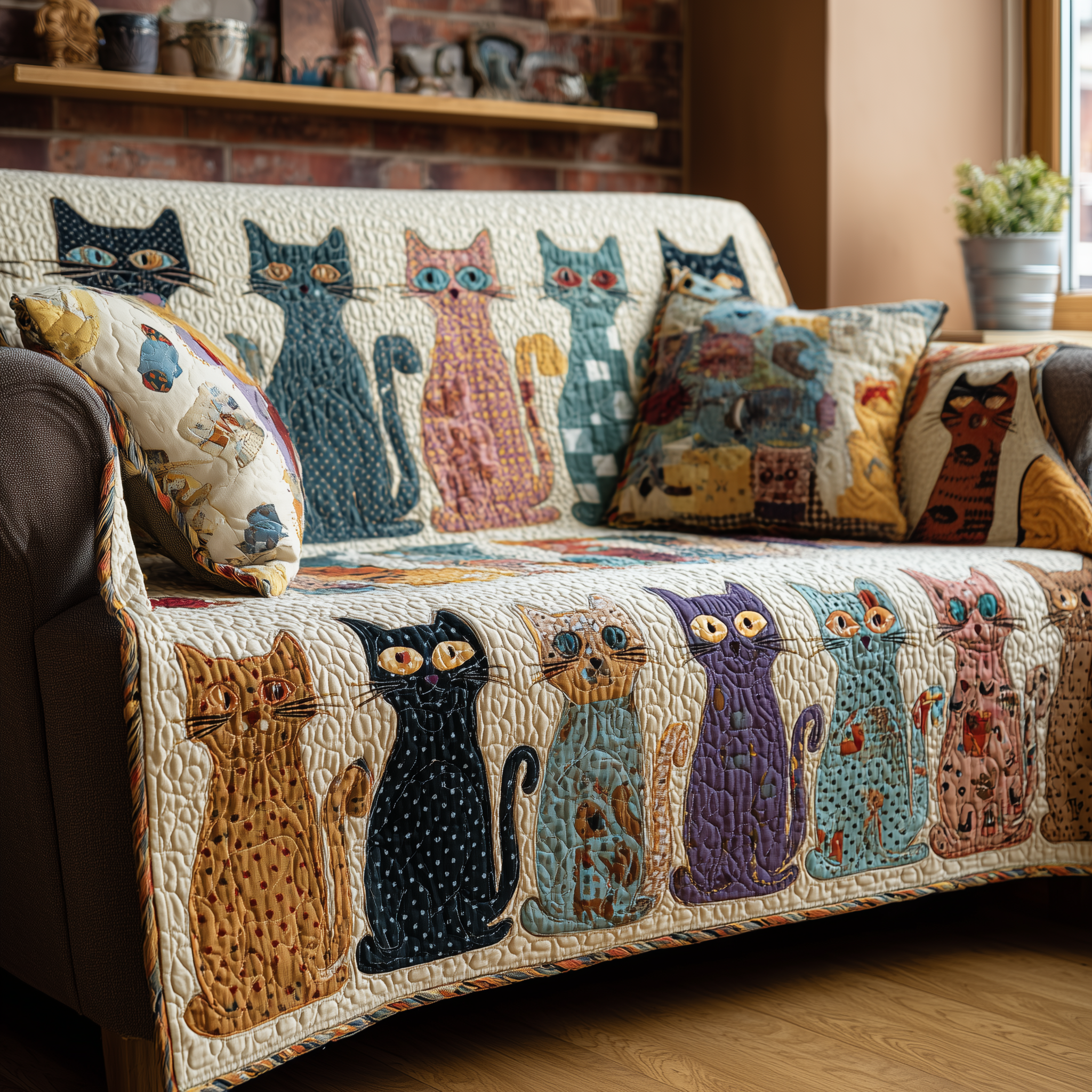 Gentle Cats Quilted Sofa Cover Cute Room Decor Cat Present Ideas - Tradiviet