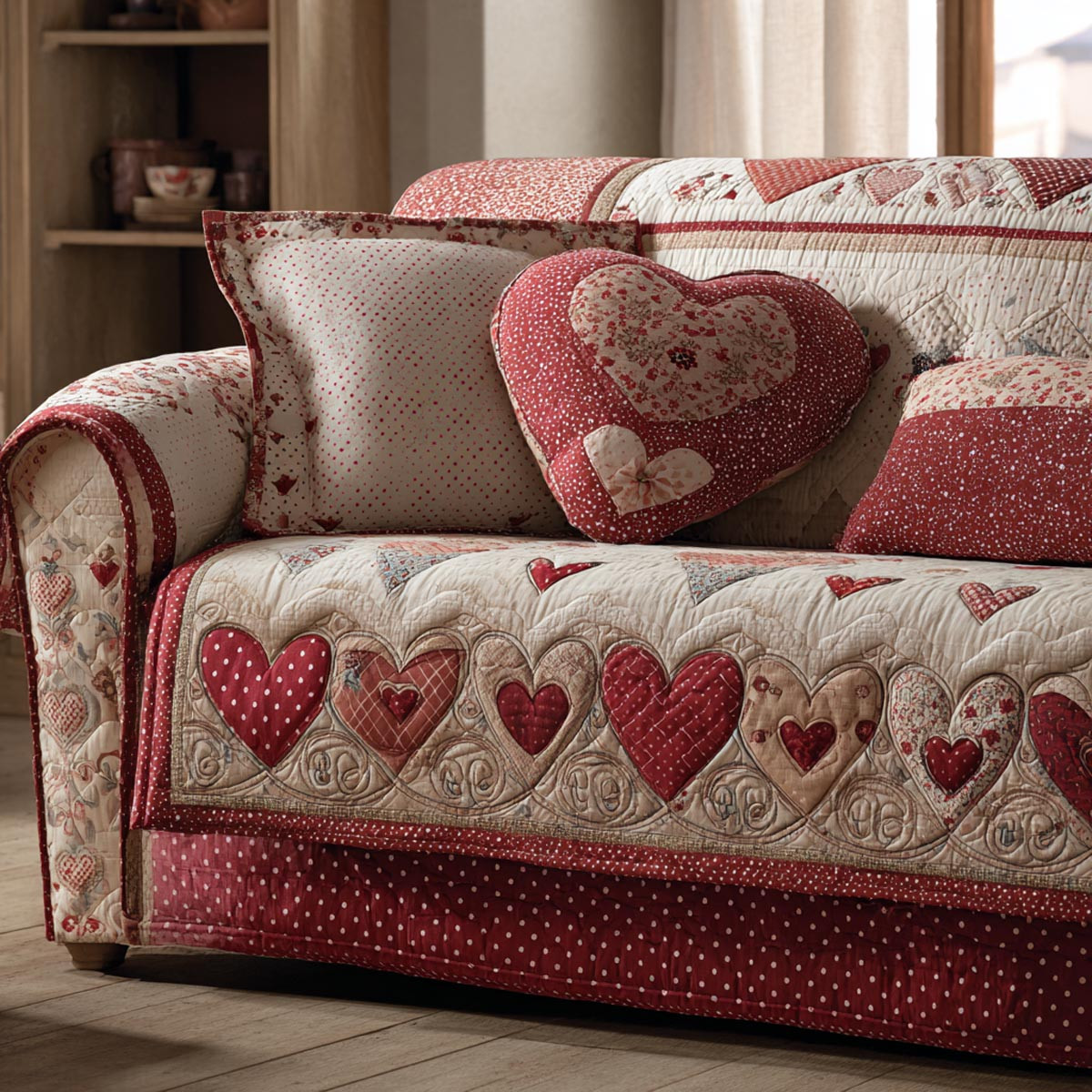 Gentle Hearts Quilted Sofa Cover Sofa Protector Cover Valentine Day Giving Ideas For Families - Tradiviet