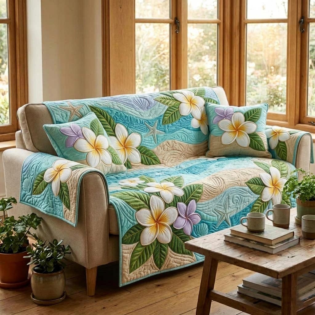 Gentle Plumeria Quilted Sofa Cover Coastal Home Couch Cover Gift For Room Lovers - Tradiviet