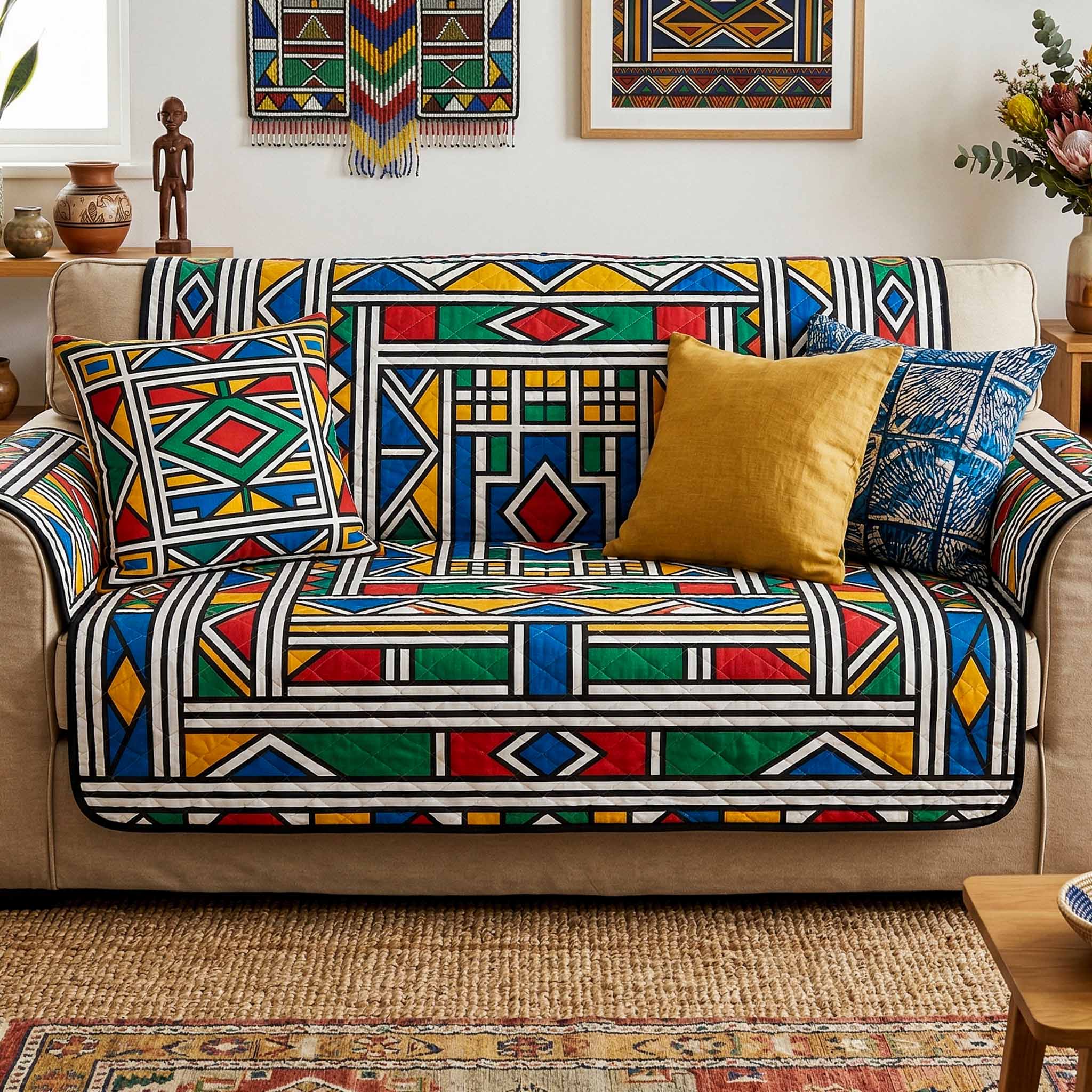 Geo Bright Quilted Sofa Cover Room Decor For Room Present For House Lovers - Tradiviet