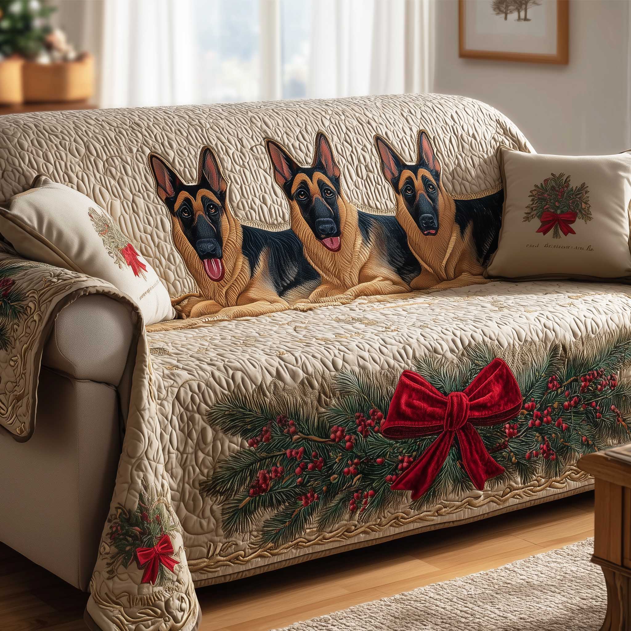 German Shepherd Christmas Quilted Sofa Cover Cute Room Decor Present For House Lovers - Tradiviet