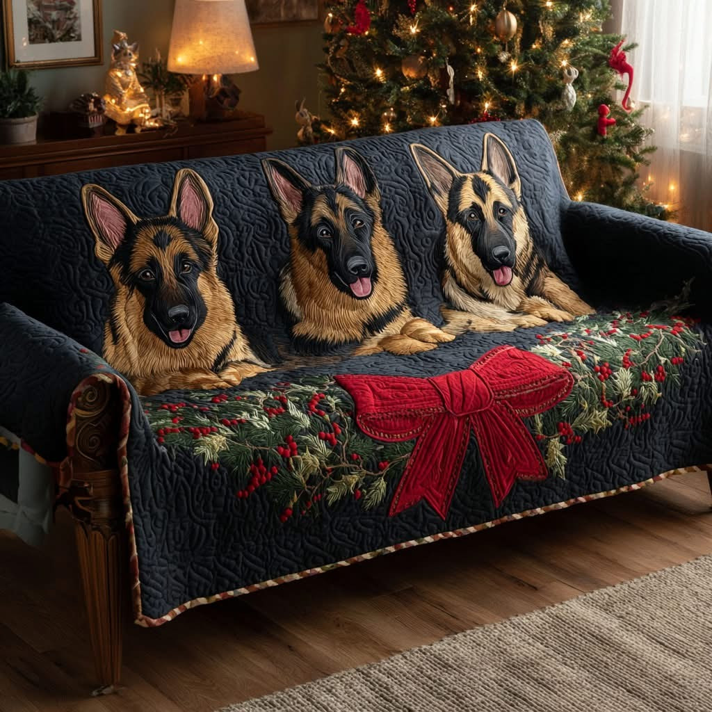 German Shepherd Winter Bow Quilted Sofa Cover Christmas Couch Decor German Shepherd Owner Gifts - Tradiviet