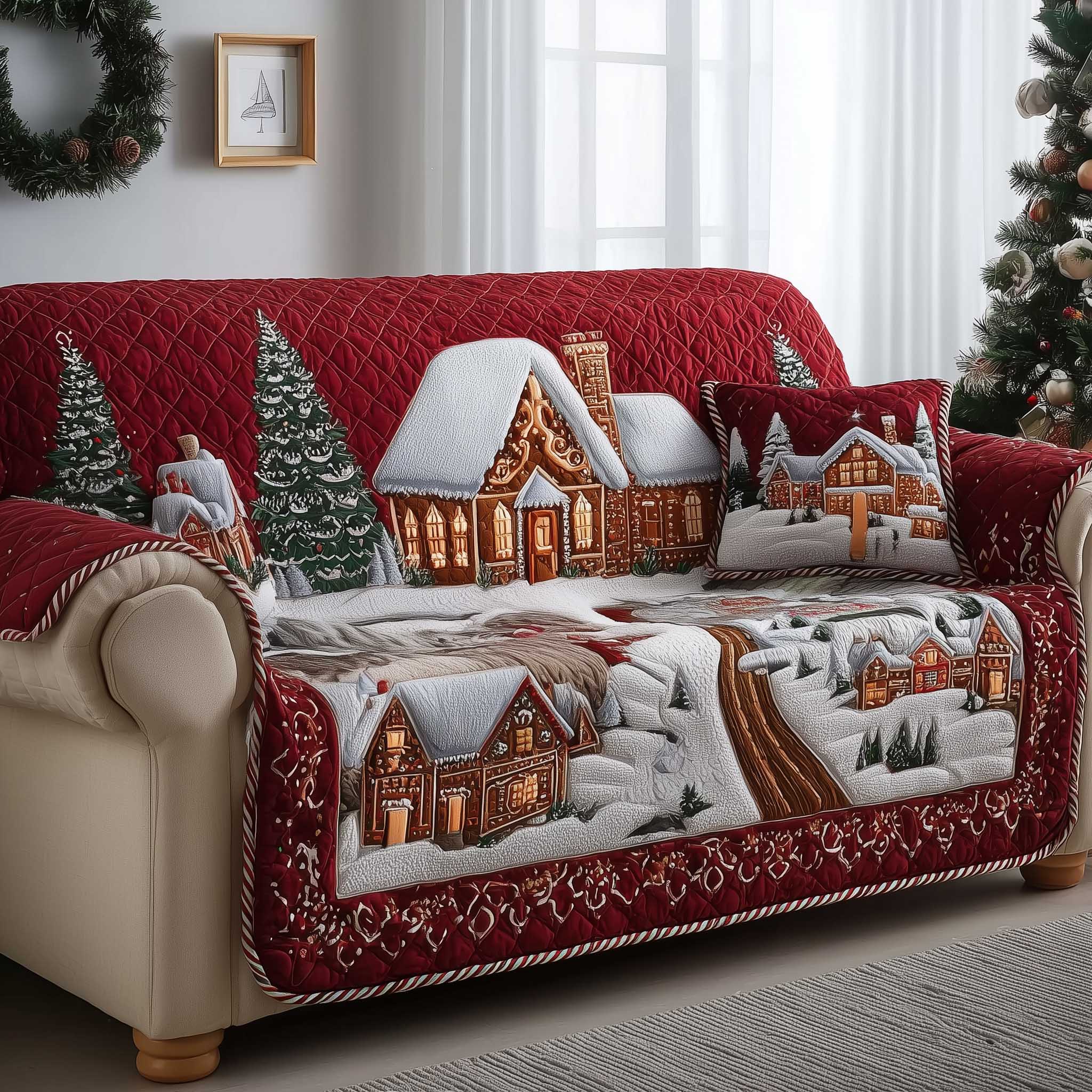 Gingerbread House Quilted Sofa Cover Christmas Home Couch Cover Cozy Living Gift Ideas - Tradiviet