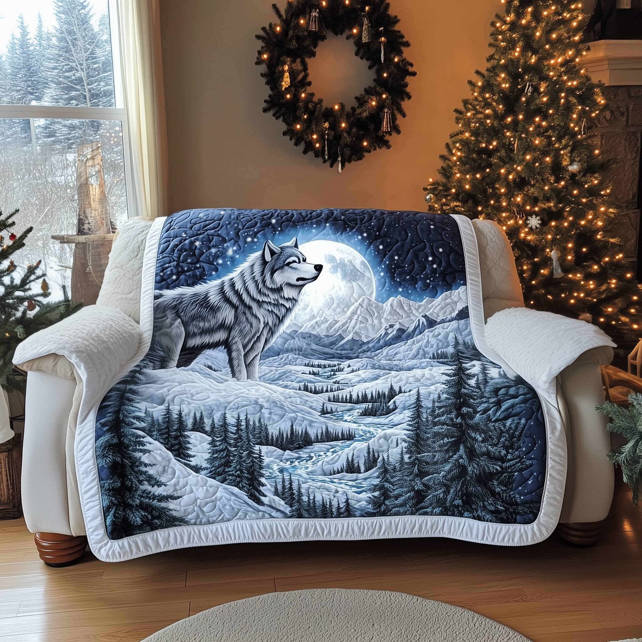 Glacier Howl Quilted Sofa Cover Wildlife Home Couch Cover Gifts For New Homes - Tradiviet