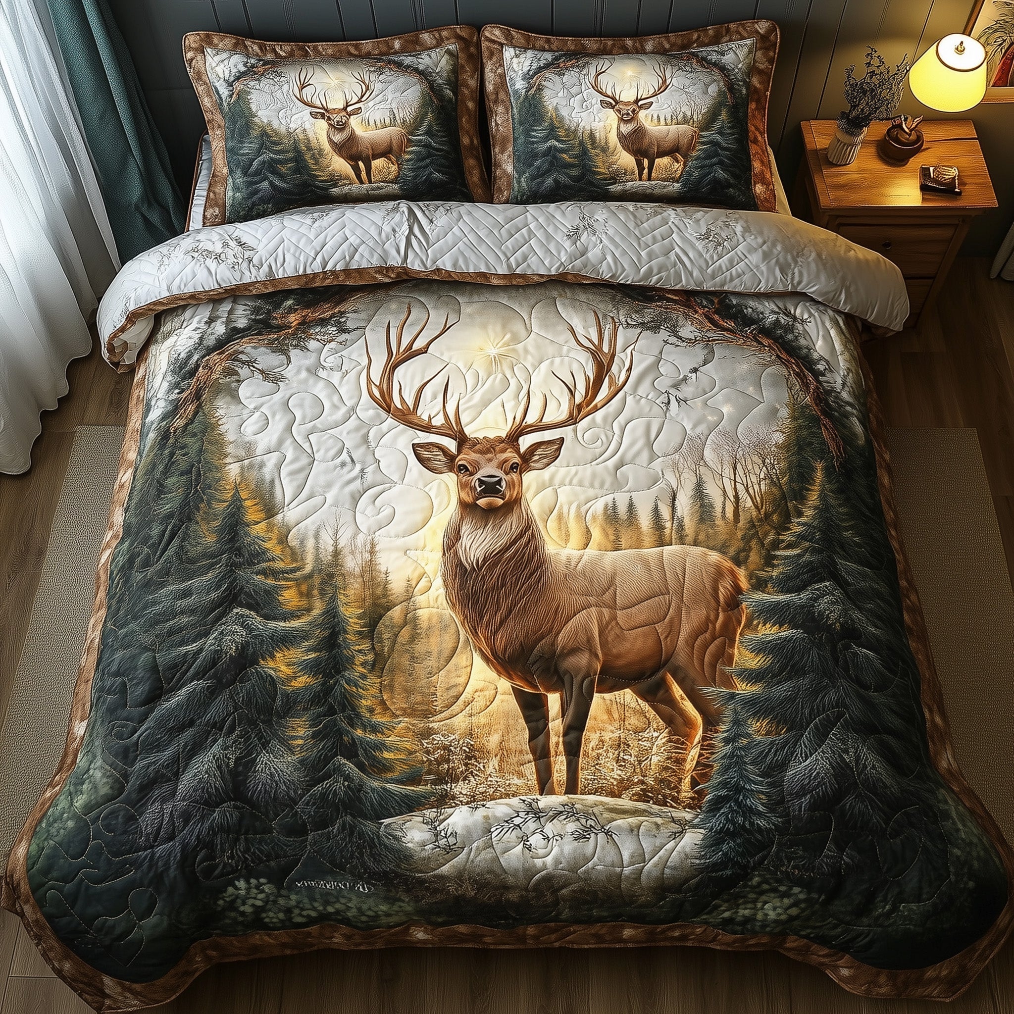 Glowing Forest Deer Quilted Bedding Set Glowing Forest Stitch Gift For Glowing Forest - Tradiviet