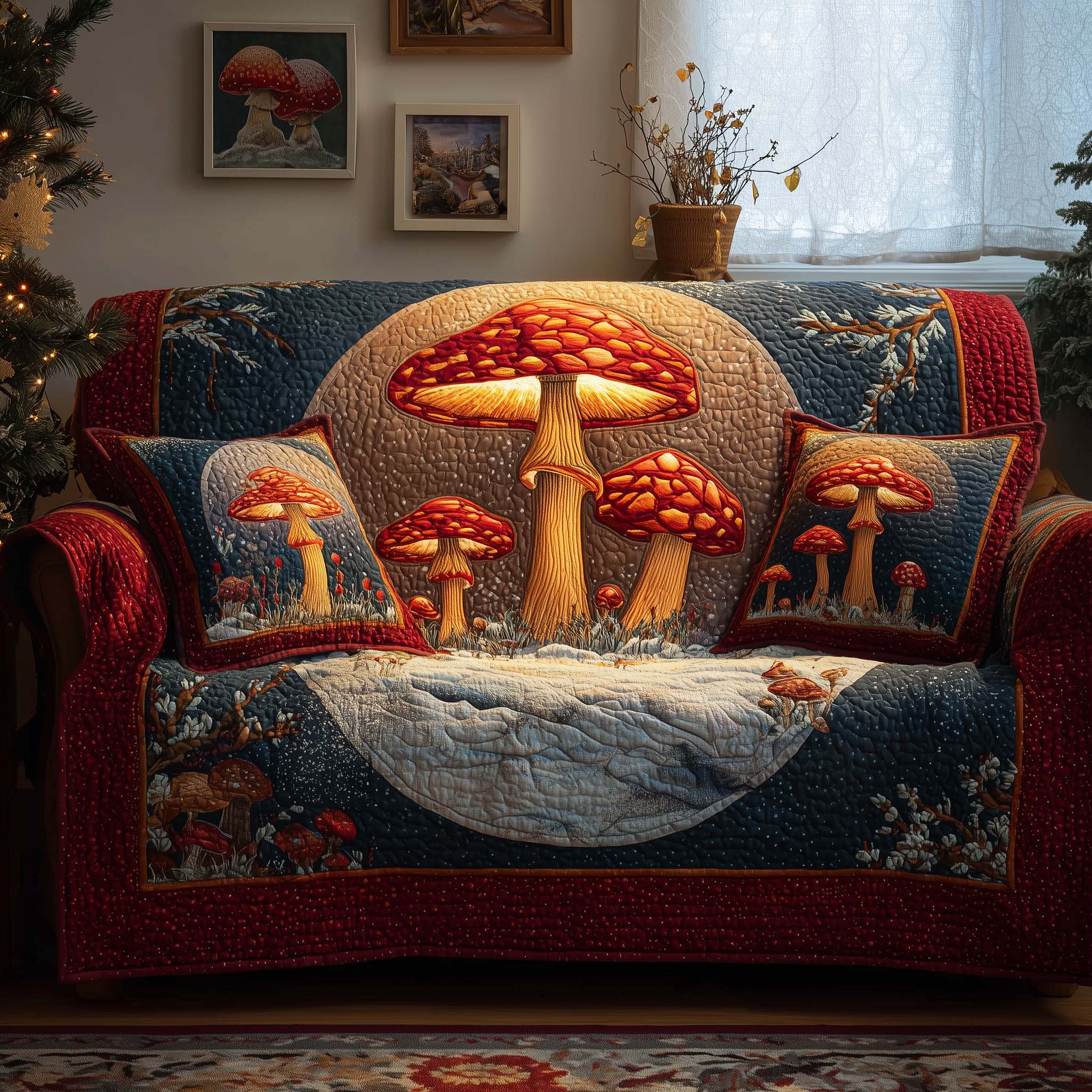 Glowing Mushrooms Quilted Sofa Cover Cozy Home Couch Cover Unique Housewarming Gift Ideas - Tradiviet