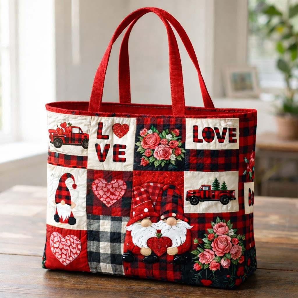 Gnome Love Plaid Patchwork Quilted Tote Bag Aesthetic Bag Valentine Day Gifts For Her - Tradiviet