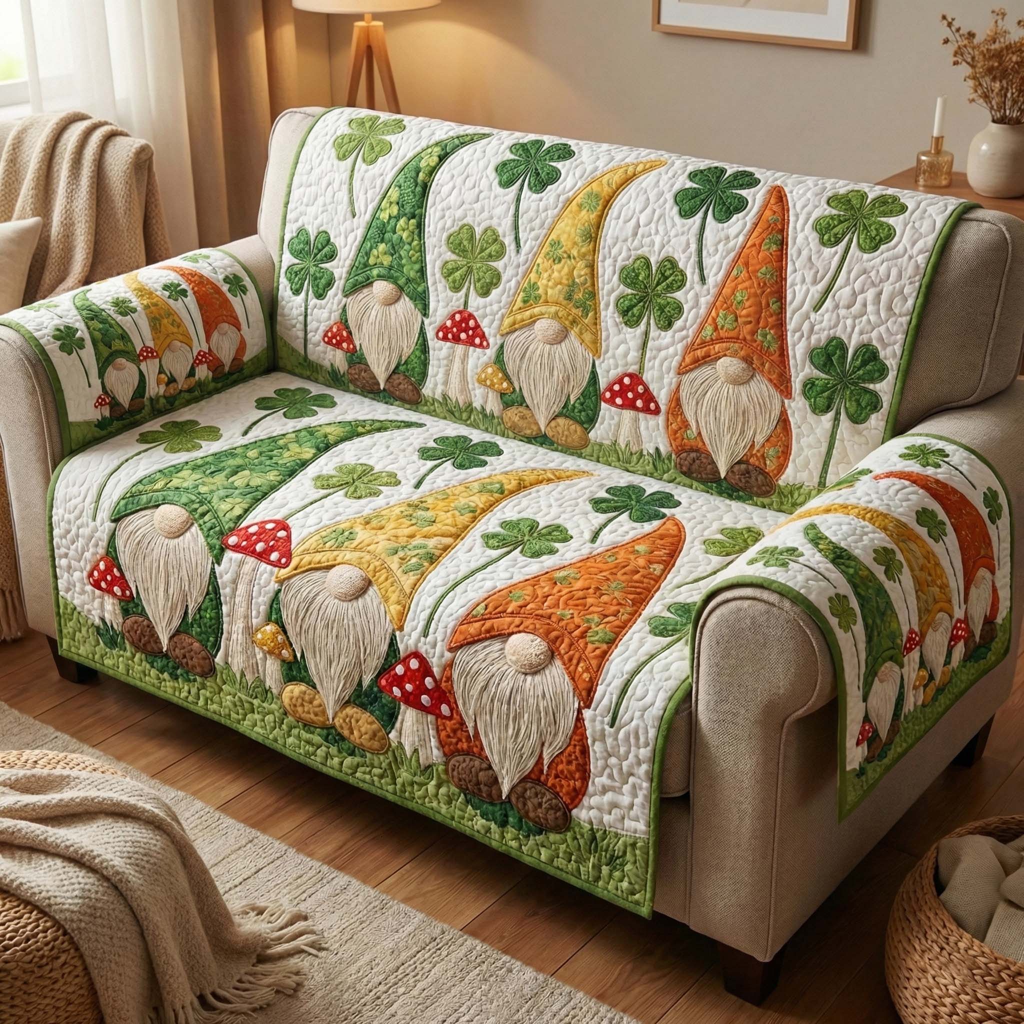 Gnome Meadow Quilted Sofa Cover Floral Home Couch Cover Gift For Home Lover - Tradiviet