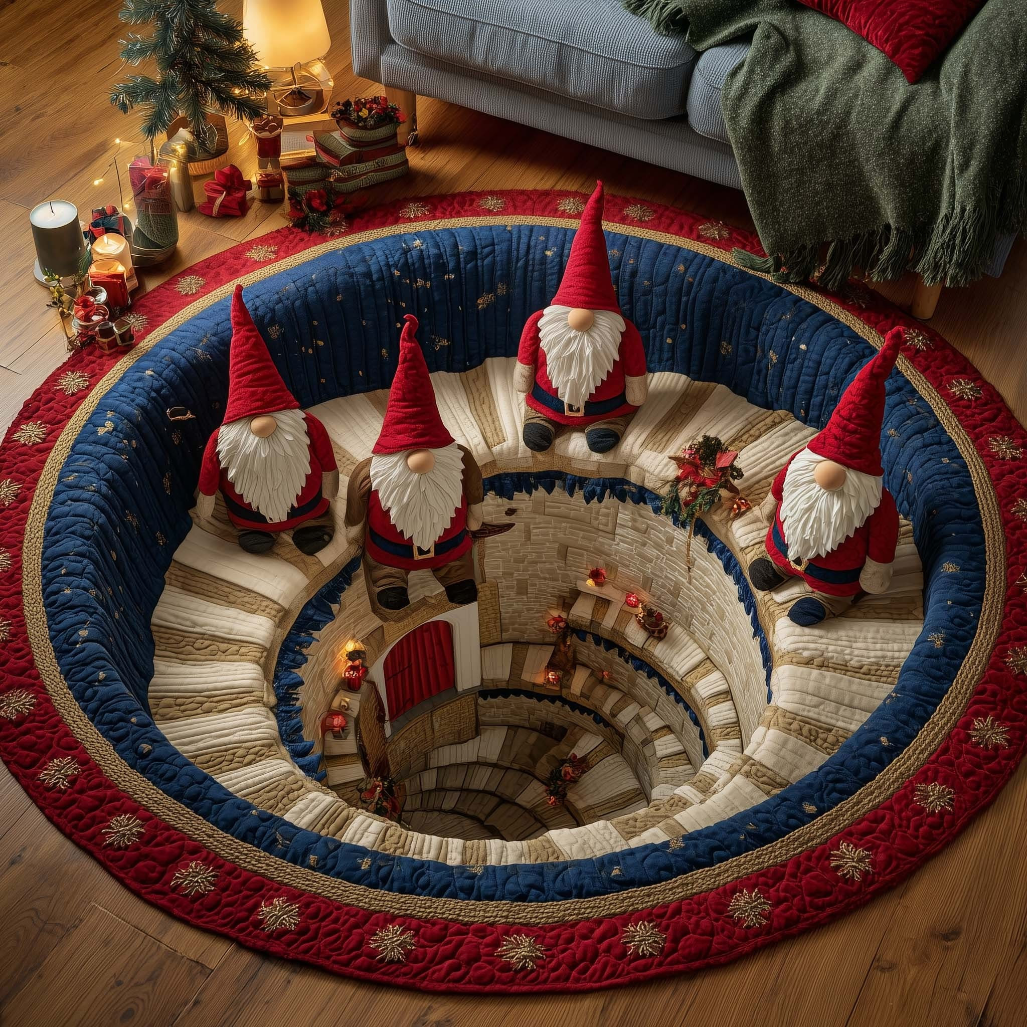 Gnome Stairs Christmas Quilted Round Mat Cozy Holiday Decor Gnome Christmas Gift Ideas - Tradiviet