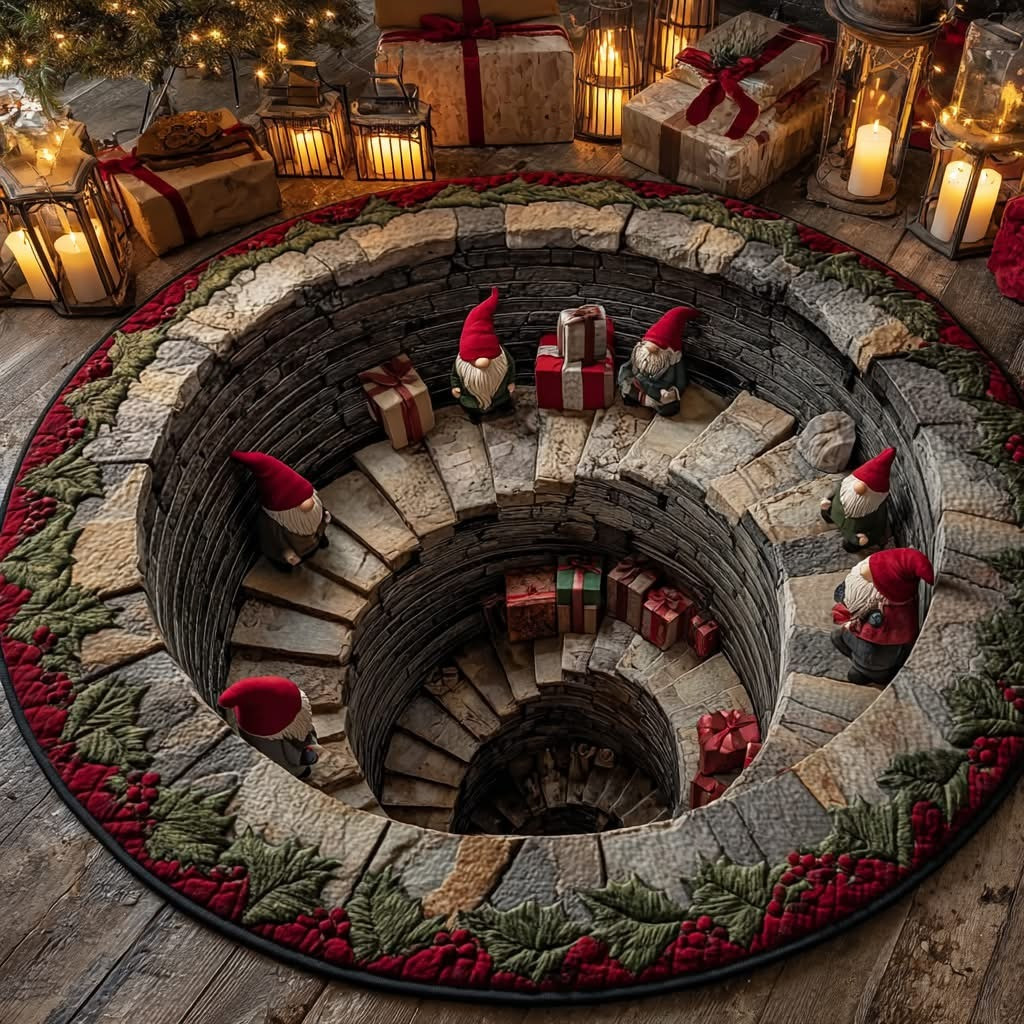 Gnome Stairs Christmas Quilted Round Mat Winter Holiday Decor Gnome Xmas Gift - Tradiviet