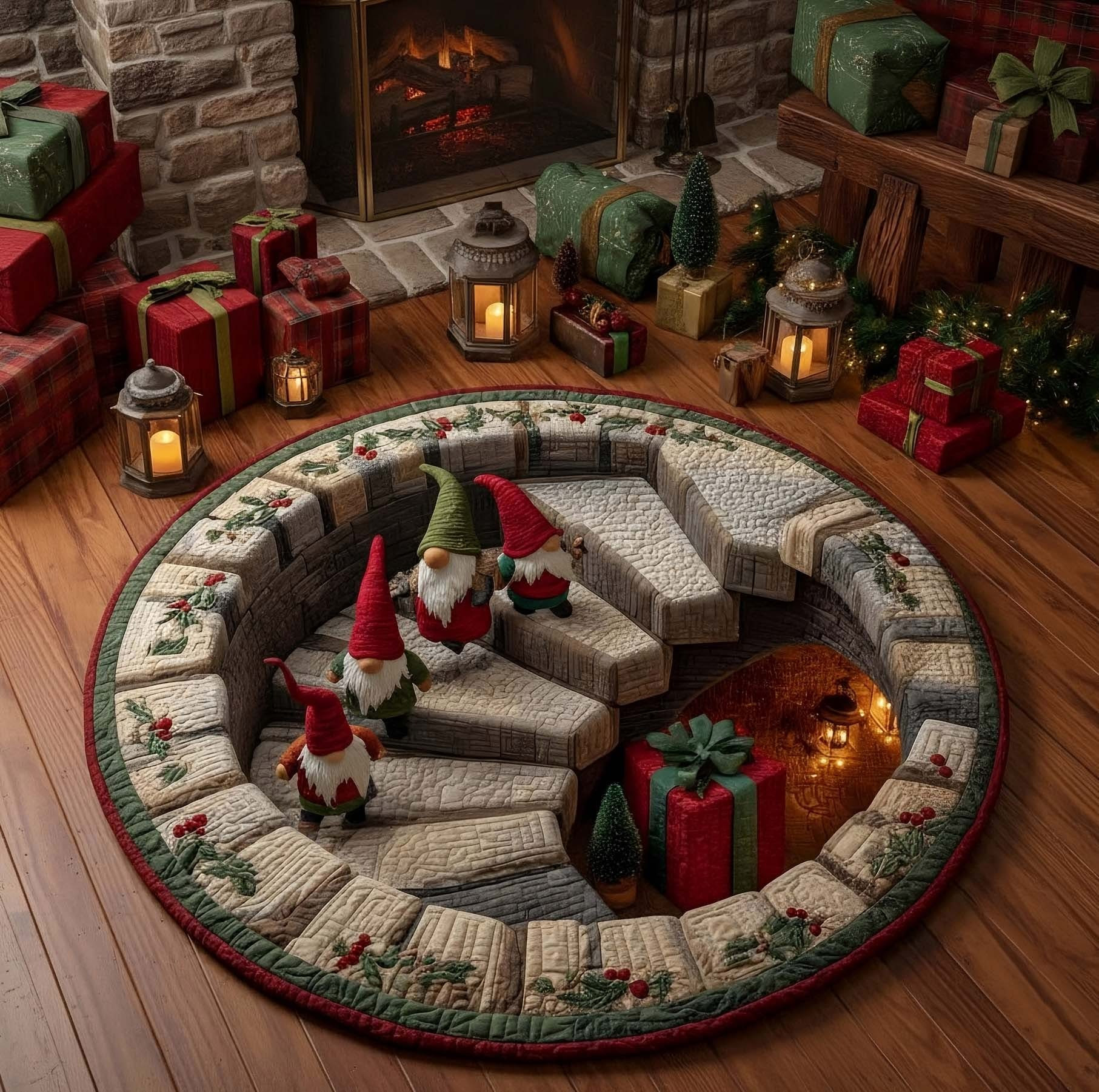 Gnome Stairs Christmas Round Mat Circle Carpet Rug Decorations Xmas Gifts For Family - Tradiviet