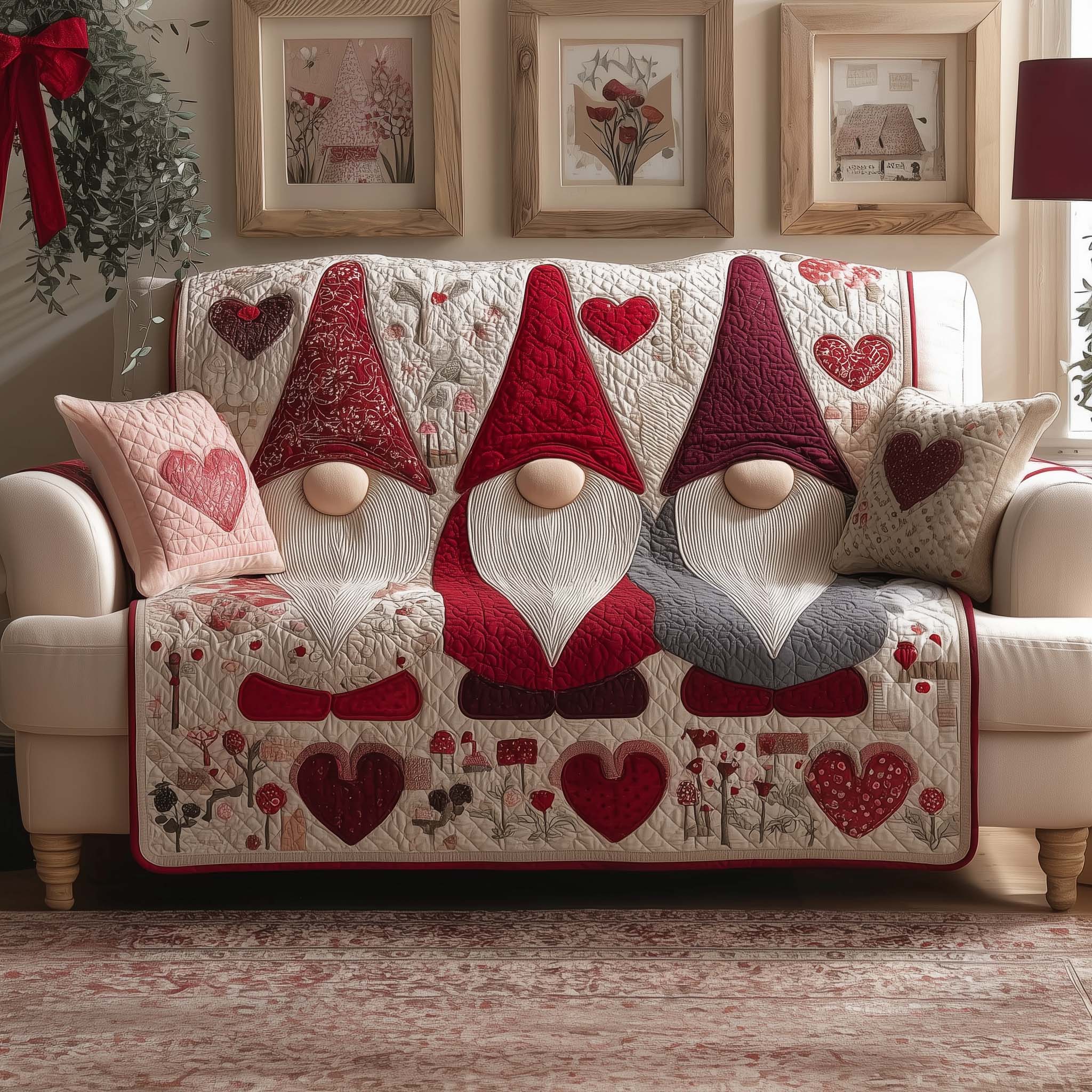 Gnome Trio Quilted Sofa Cover Whimsical Home Couch Cover Gift Ideas For Buffalo Lover - Tradiviet
