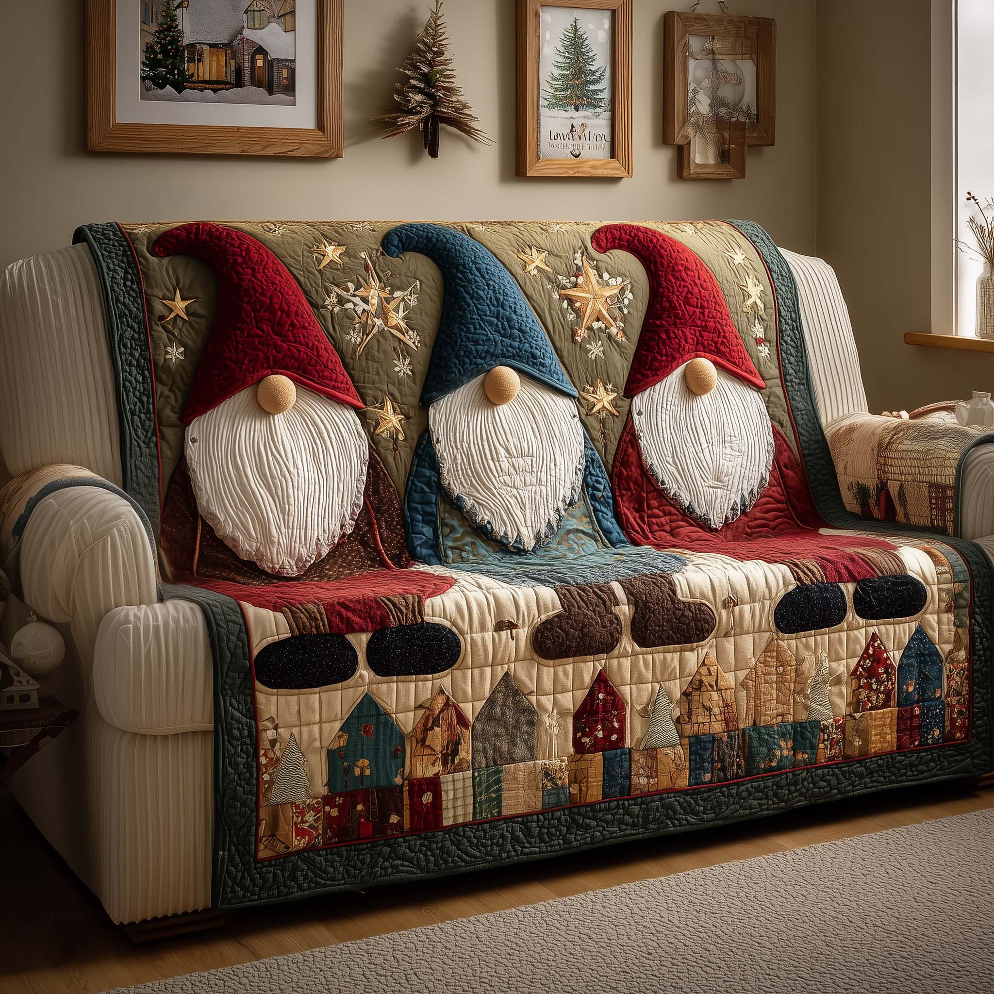 Gnome Trio Quilted Sofa Cover Whimsical Home Gift For Room Decor - Tradiviet