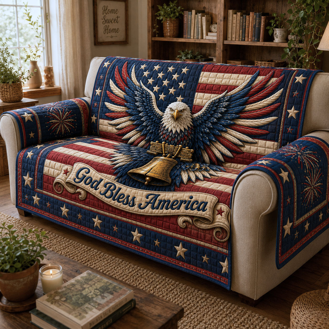 God Bless America Quilted Sofa Cover Patriotic Home Couch Cover Unique Bald Eagle Gifts - Tradiviet