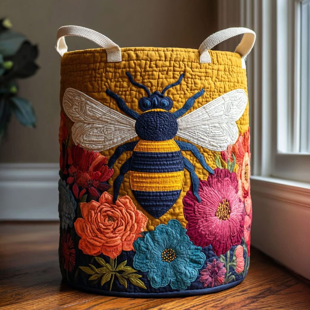 Golden Bee Quilted Laundry Basket Floral Colorful Clothes Hamper Best Gifts For Bee Lovers - Tradiviet