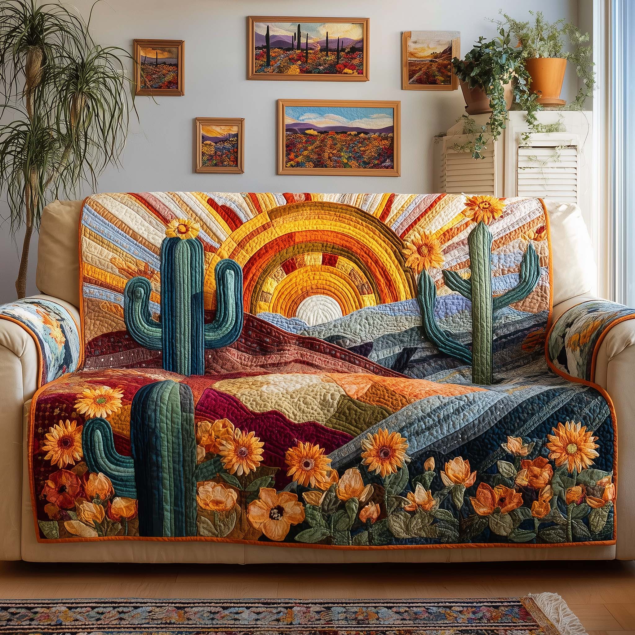 Golden Bloom Quilted Sofa Cover Floral Home Couch Cover Bear Girlfriend Gift Ideas - Tradiviet
