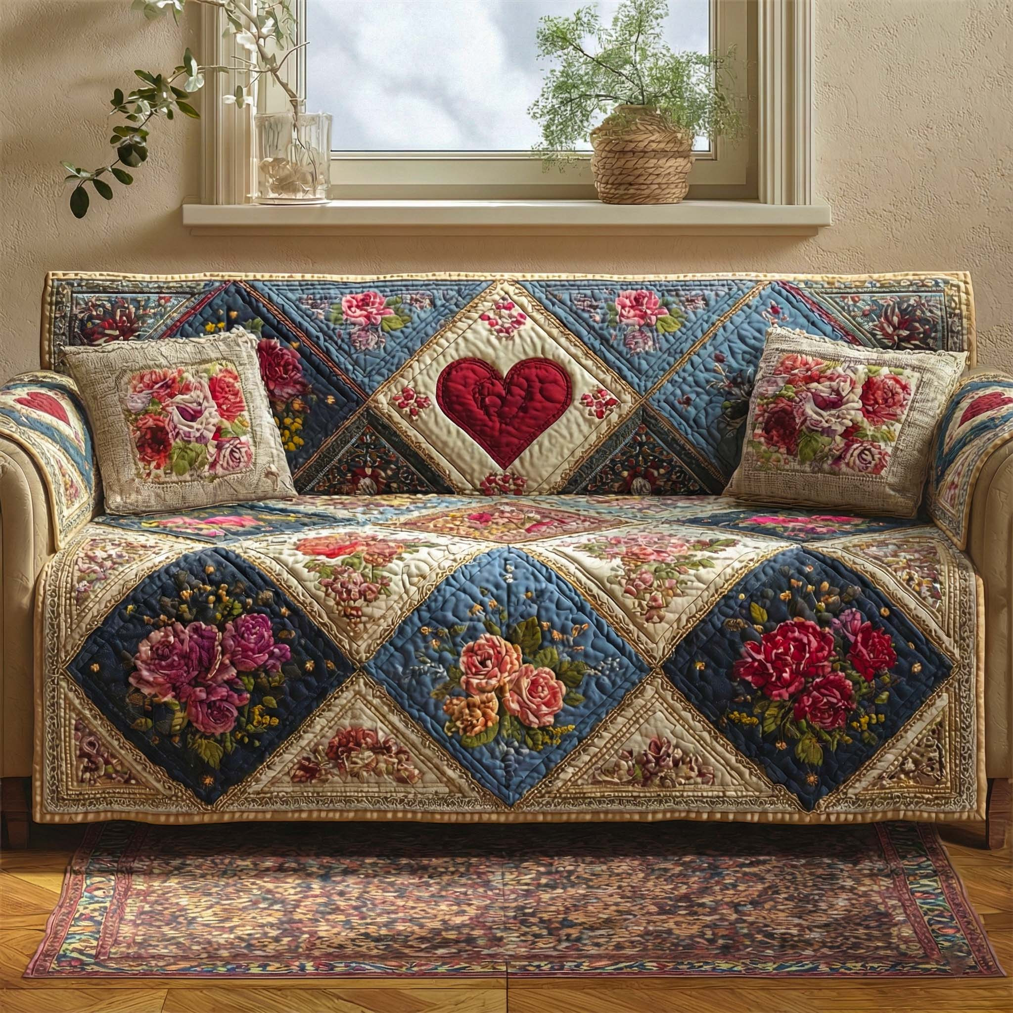 Golden Blossom Heart Quilted Sofa Cover Large Couch Cover Valentine Day Presents For Girlfriend - Tradiviet