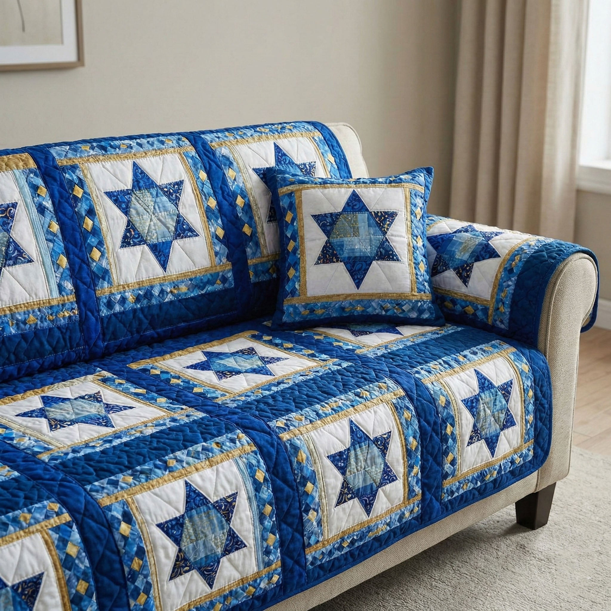 Golden Blue Stars Quilted Sofa Cover Furniture Covers For Sofas Good Hanukkah Gifts - Tradiviet