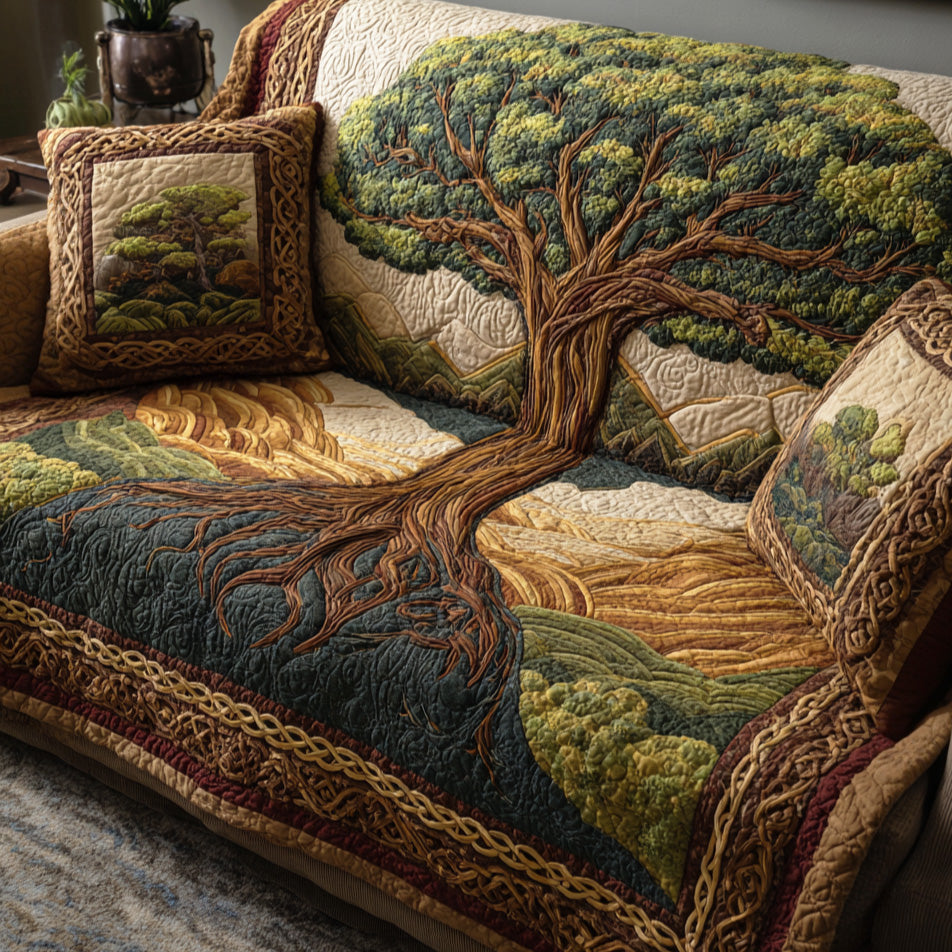 Golden Branch Quilted Sofa Cover Sofa Protector Cover Tree Of Life Christmas Gifts - Tradiviet