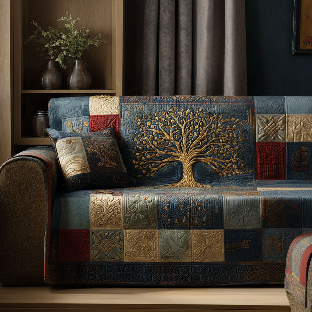 Golden Branches Quilted Sofa Cover Sofa Protector Cover Tree Of Life Gift Items - Tradiviet